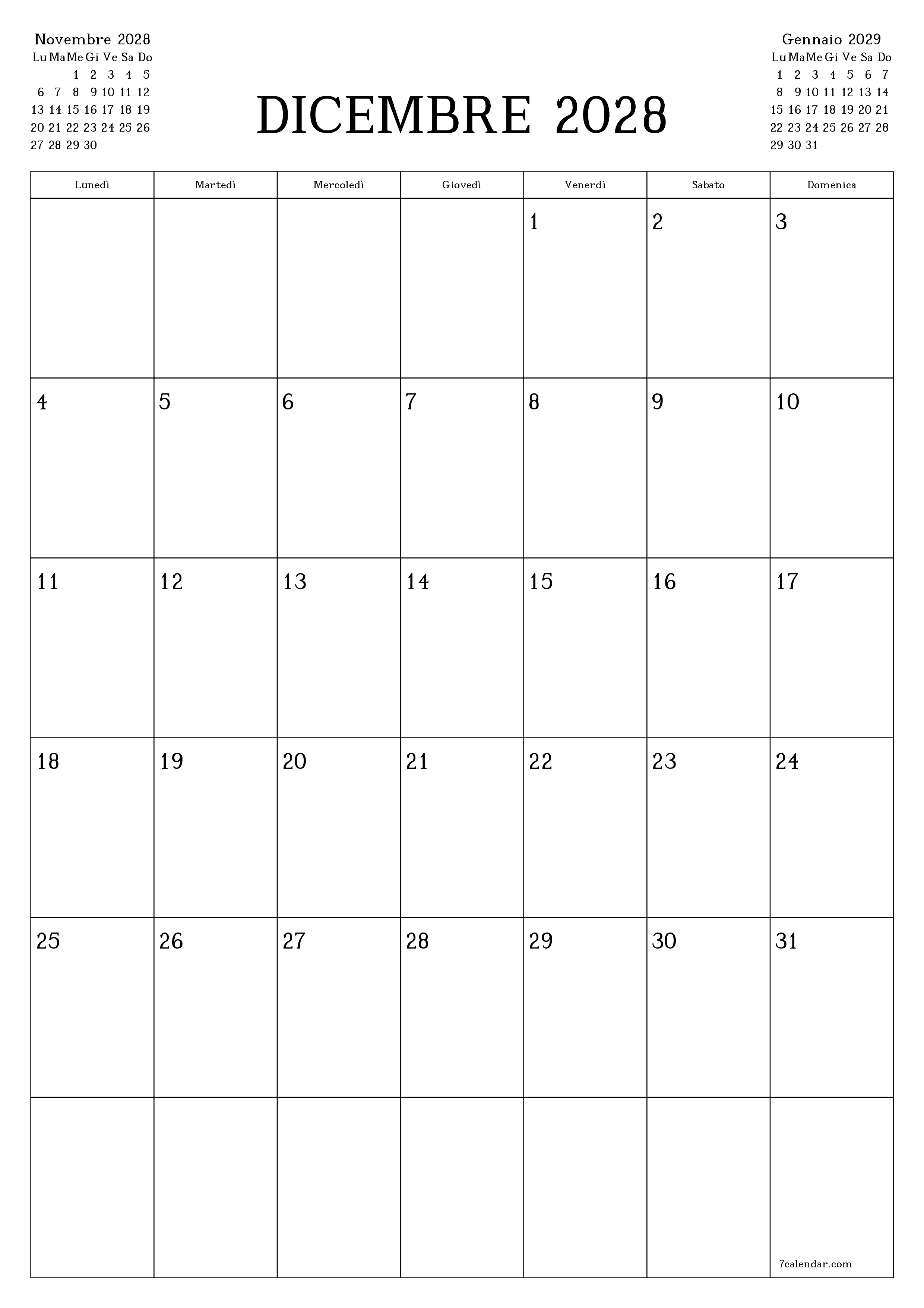 Pianificatore mensile vuoto per il mese Dicembre 2028 con note, salva e stampa in PDF PNG Italian