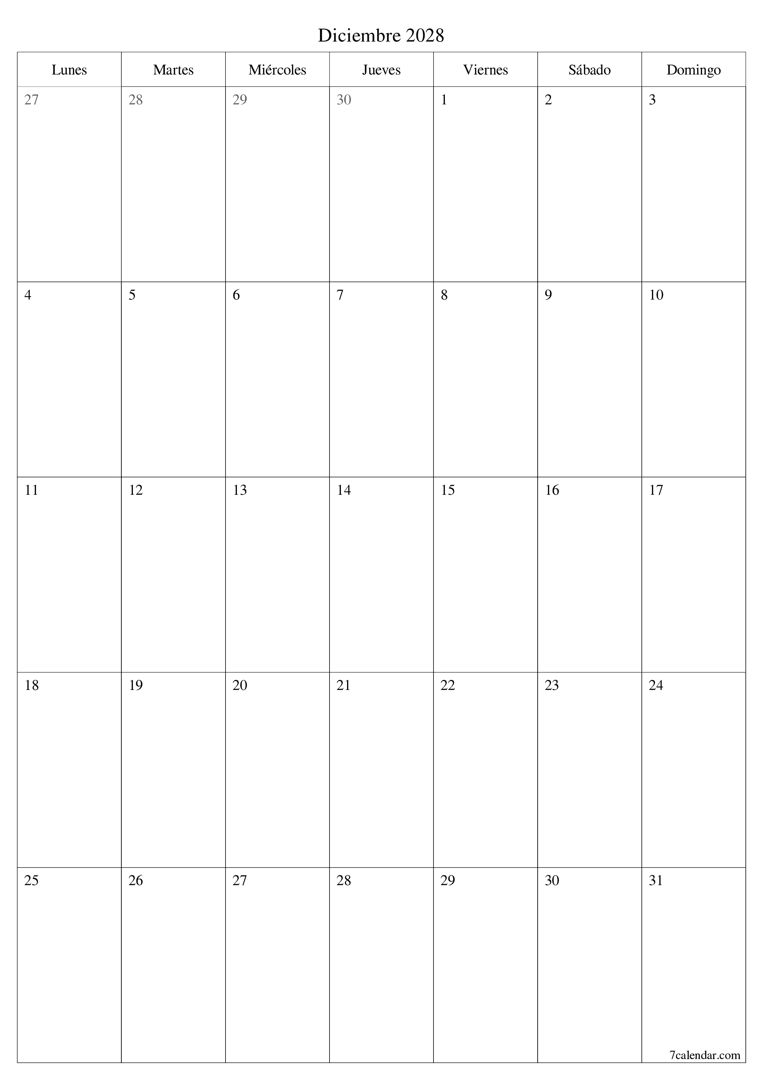 Planificador mensual vacío para el mes Diciembre 2028 con notas, guardar e imprimir en PDF PNG Spanish