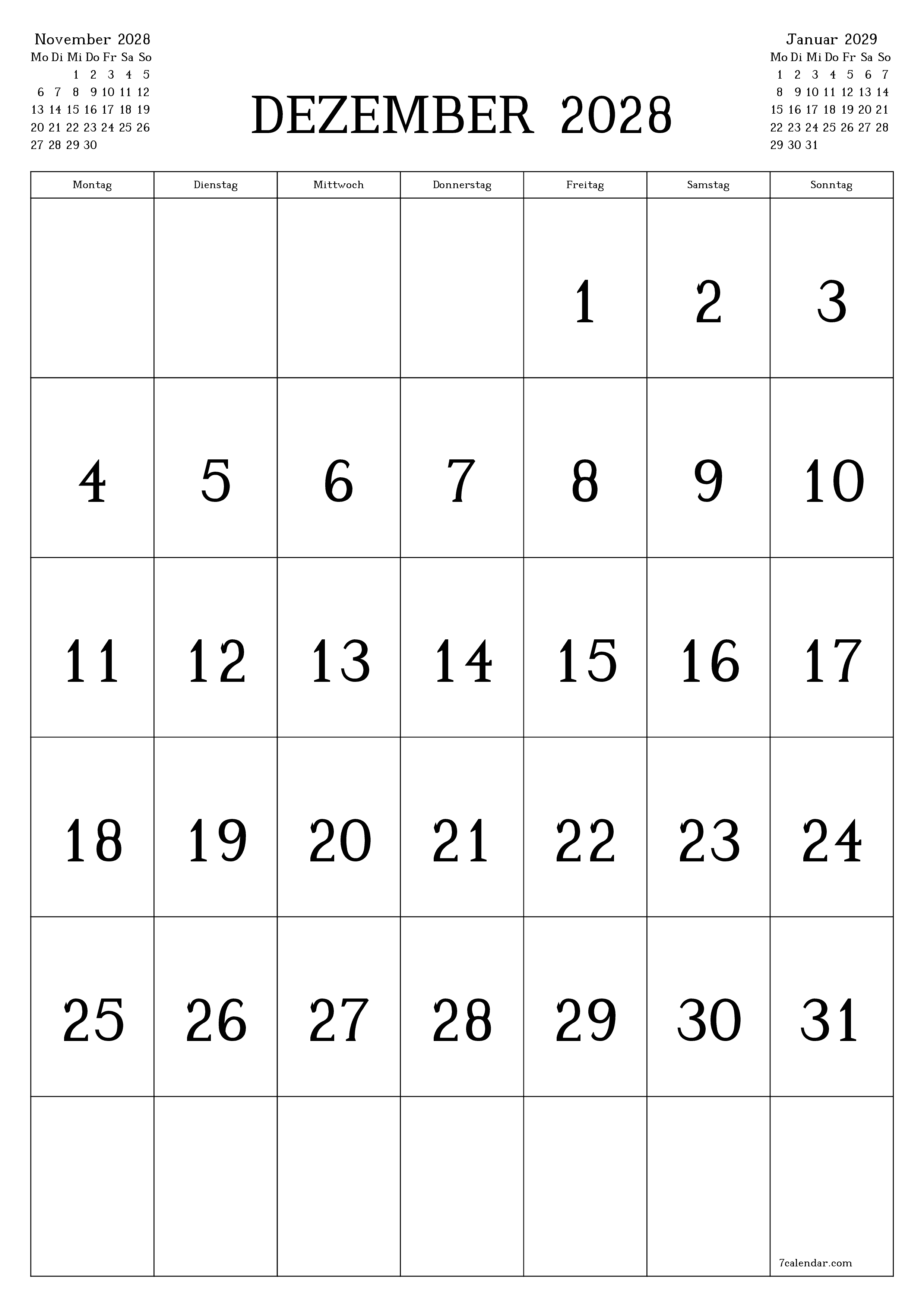 Monatsplaner für Monat Dezember 2028 mit Notizen leeren, speichern und als PDF PNG German - 7calendar.com drucken
