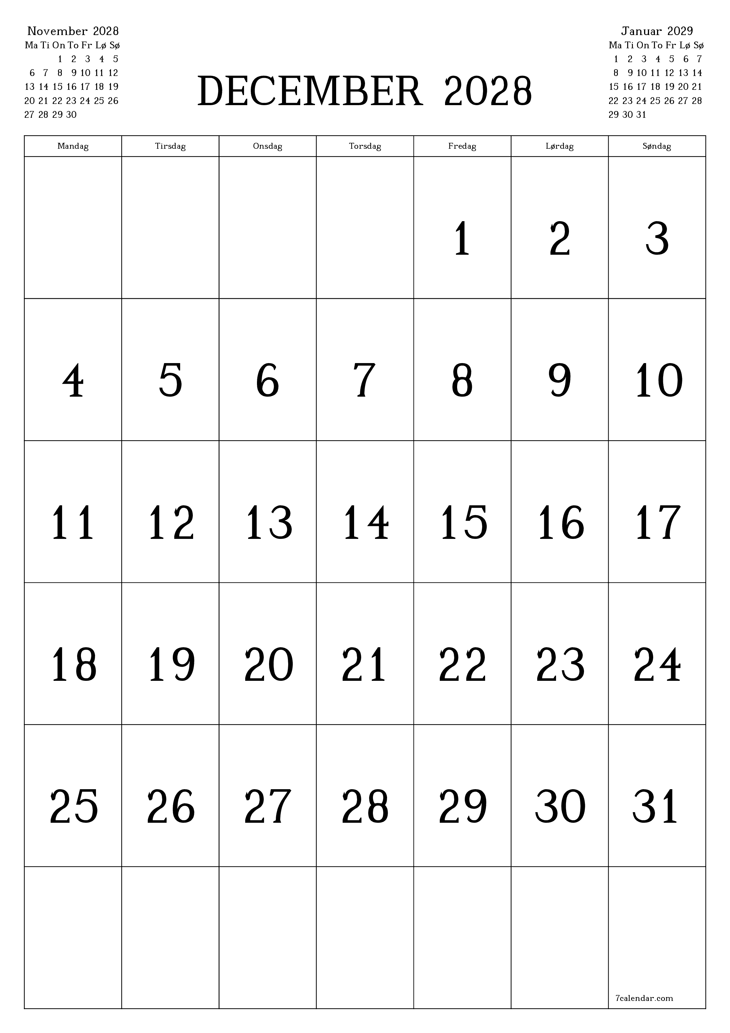 Tom månedlig planlægning for måned December 2028 med noter, gem og udskriv til PDF PNG Danish