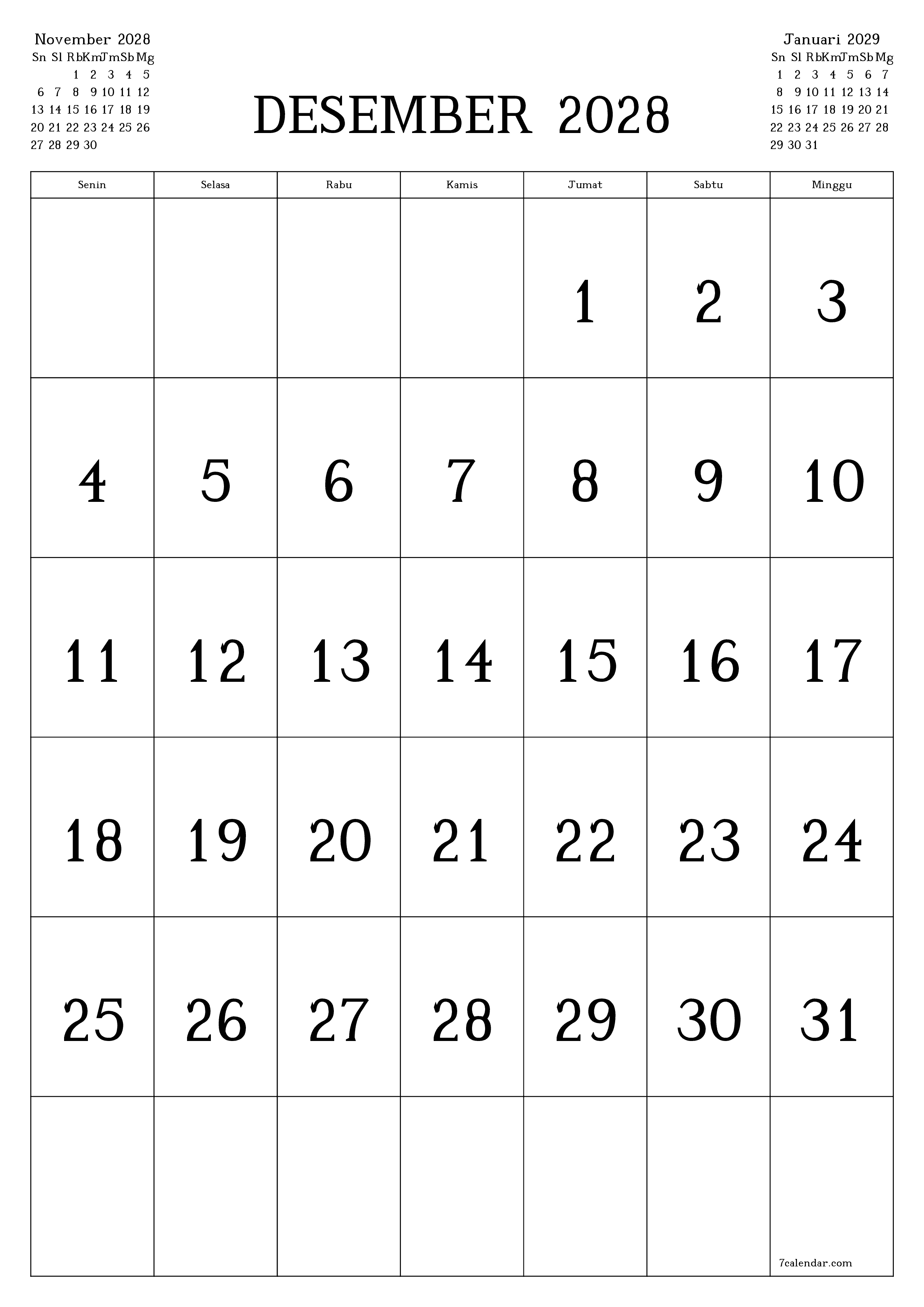 Kosongkan agenda bulanan untuk bulan Desember 2028 dengan catatan, simpan dan cetak ke PDF PNG Indonesian