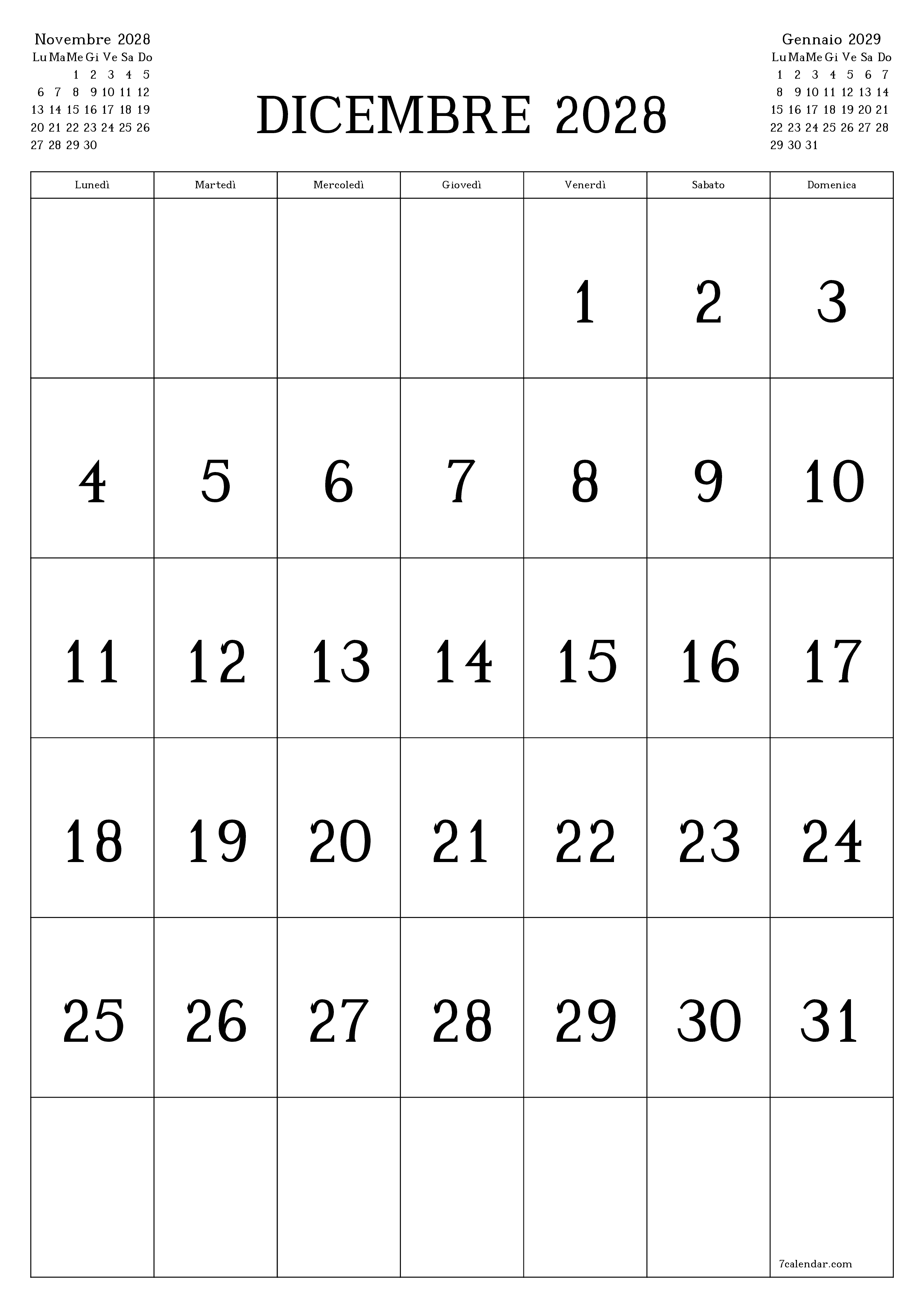 Pianificatore mensile vuoto per il mese Dicembre 2028 con note, salva e stampa in PDF PNG Italian