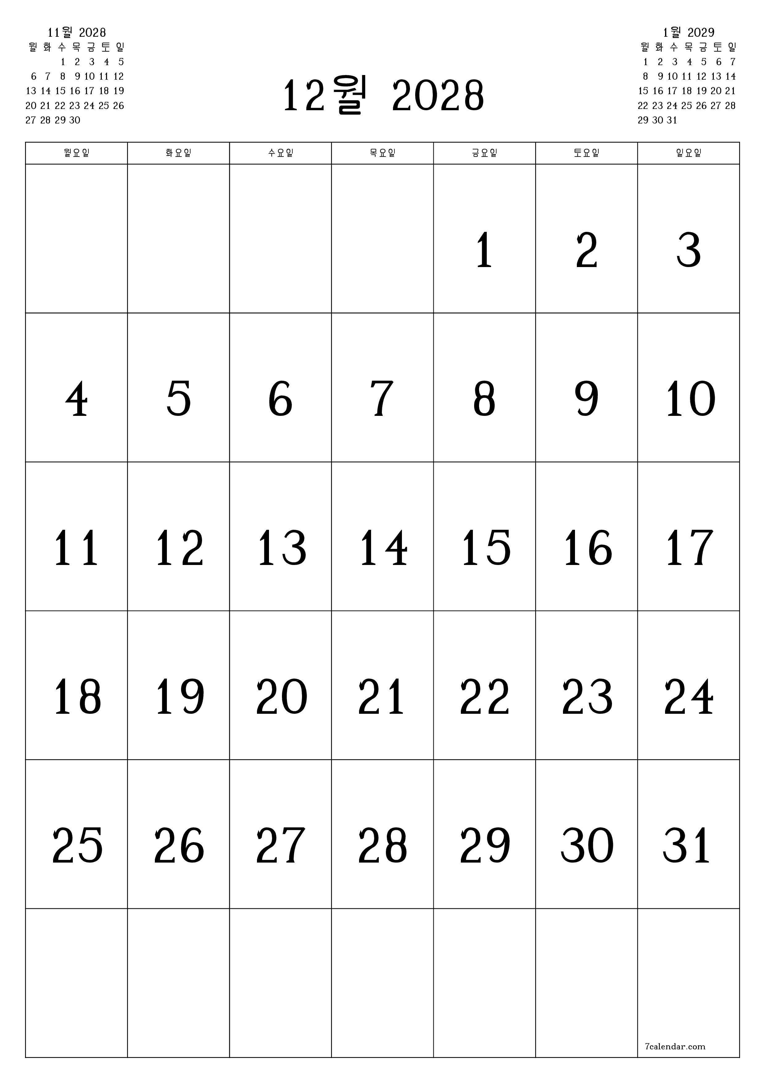 메모가있는 12월 2028 월의 월간 플래너 비우기, PDF PNG Korean-7calendar.com으로 저장 및 인쇄