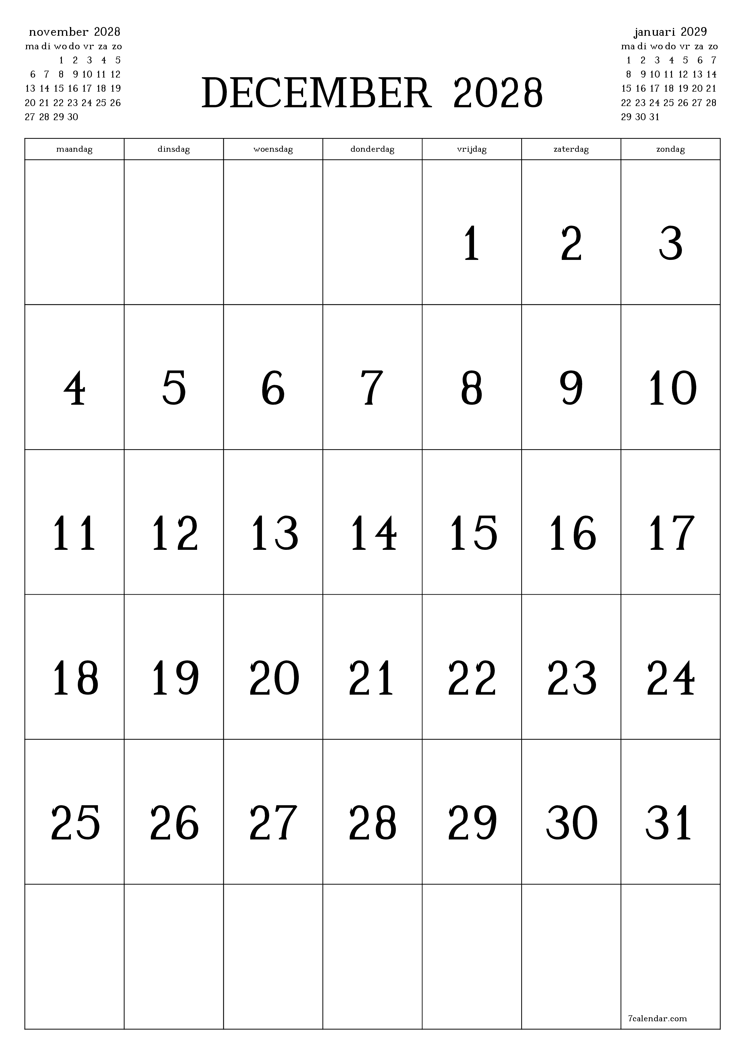 Lege maandplanner voor maand december 2028 met notities, opslaan en afdrukken naar pdf PNG Dutch