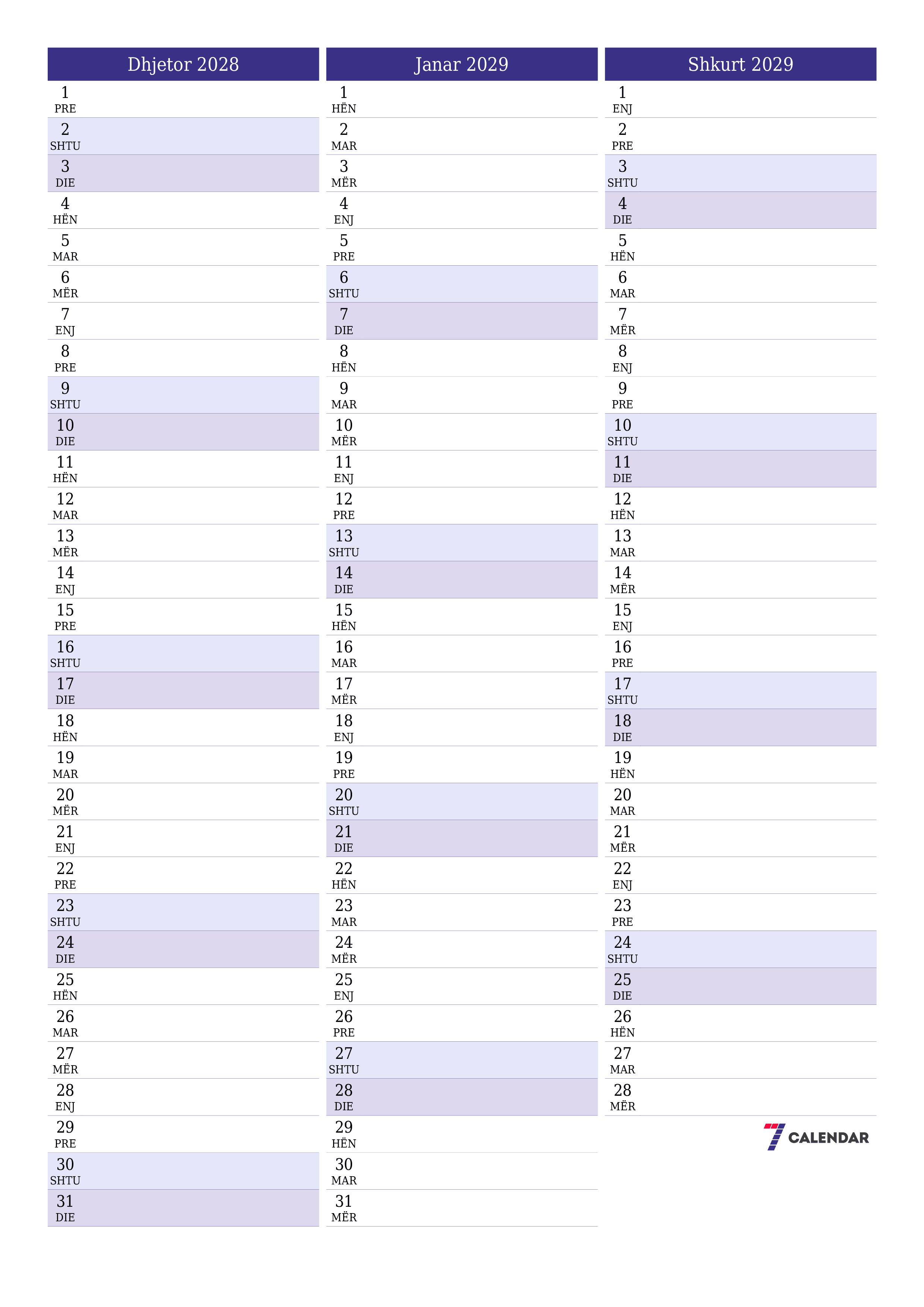 Planifikuesi i zbrazët i kalendarit mujor për muajin Dhjetor 2028 me shënime të ruajtura dhe të printuara në PDF PNG Albanian