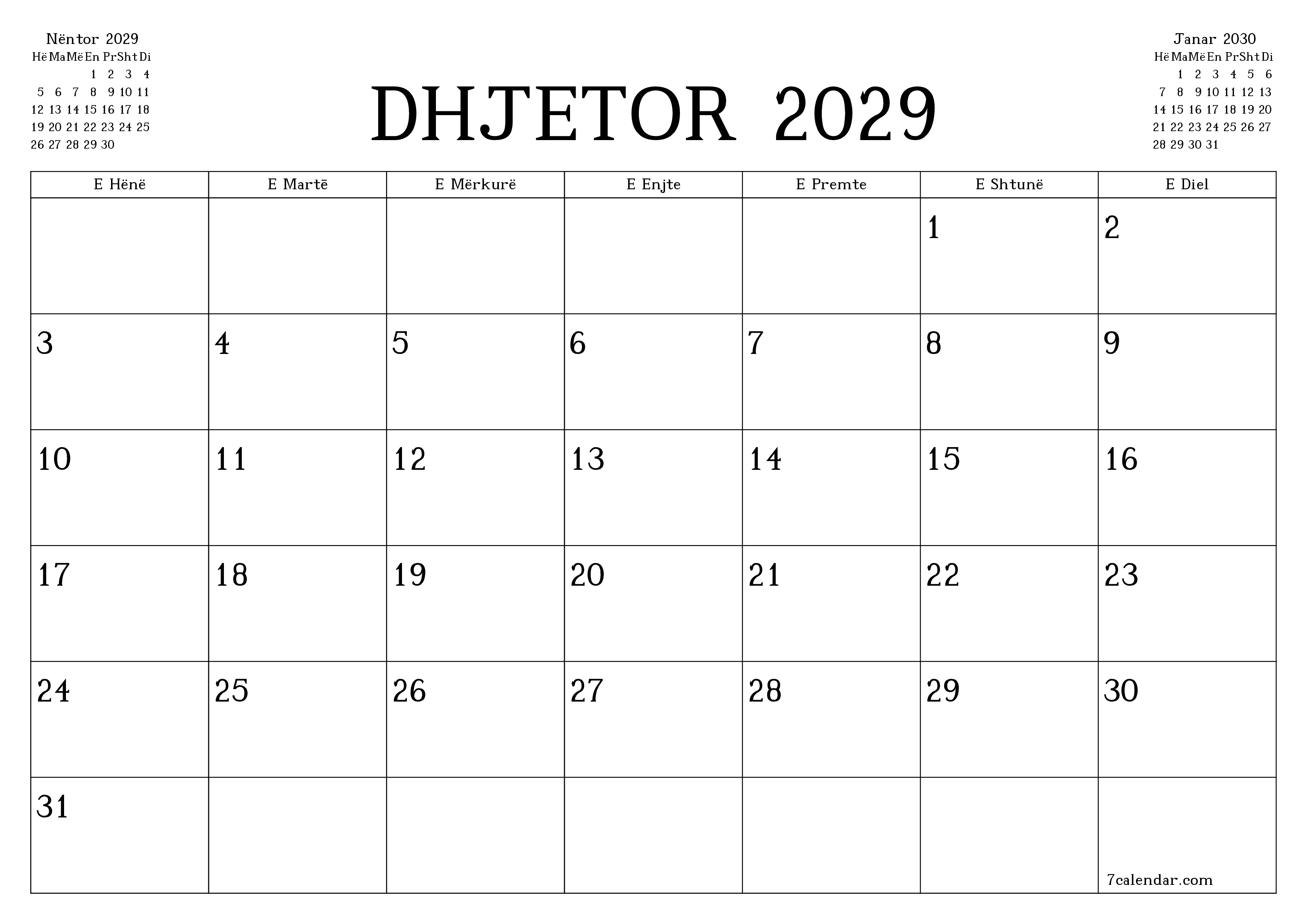 Planifikuesi i zbrazët i kalendarit mujor për muajin Dhjetor 2029 me shënime të ruajtura dhe të printuara në PDF PNG Albanian