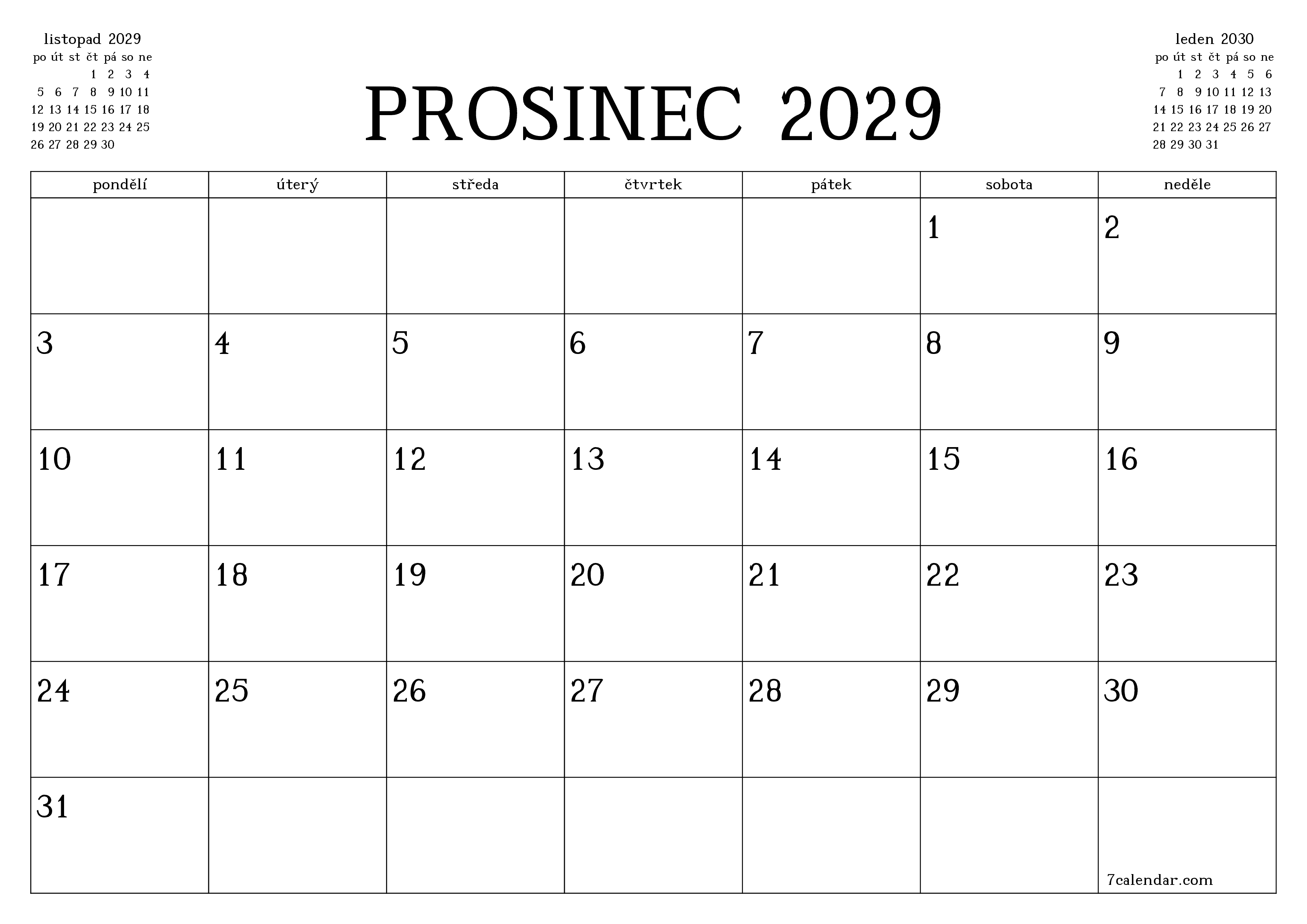Vyprázdnit měsíční plánovač na měsíc prosinec 2029 s poznámkami, uložit a vytisknout do PDF PNG Czech