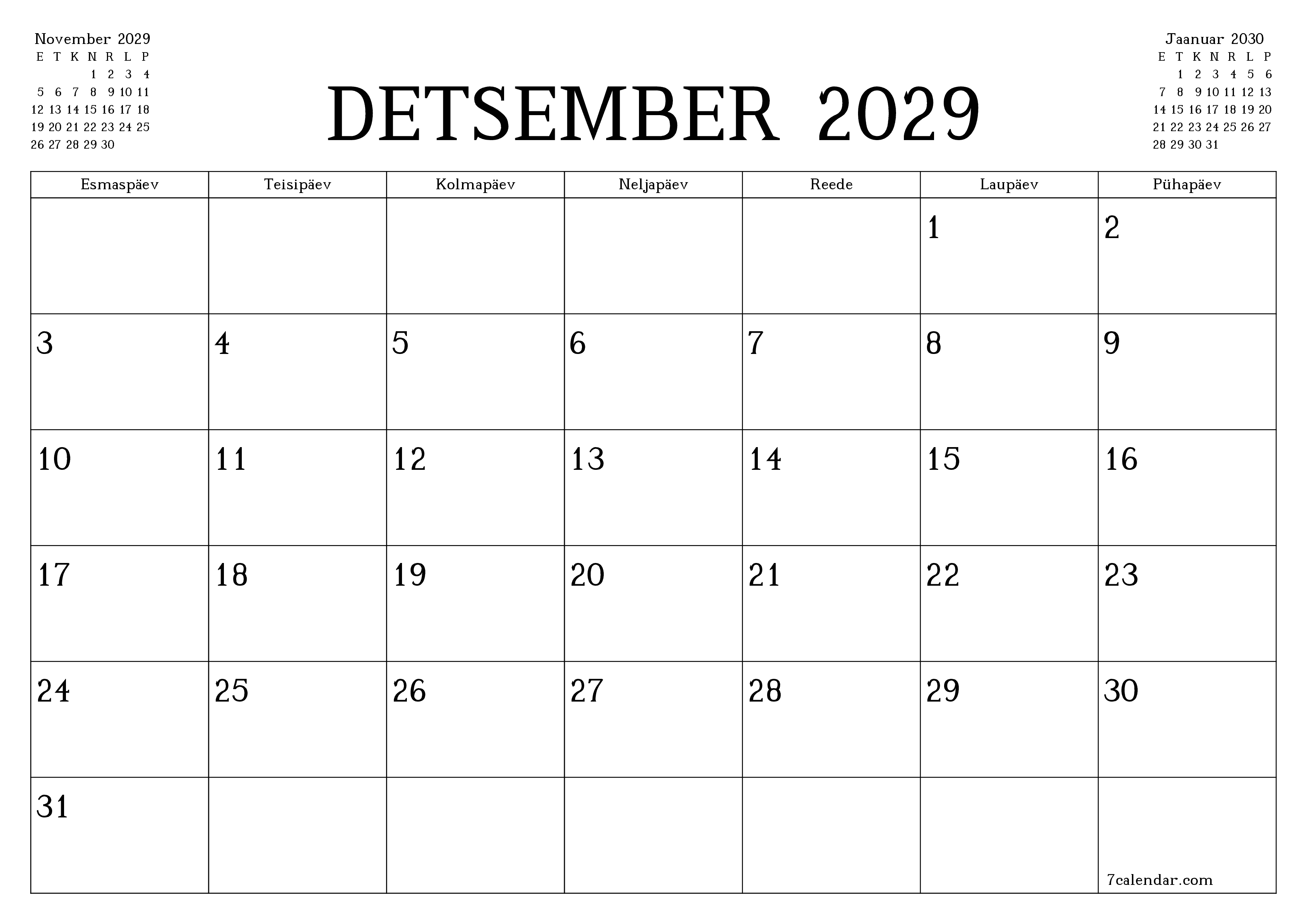 Tühjendage kuu Detsember 2029 kuuplaneerija märkmetega, salvestage ja printige PDF-i PNG Estonian