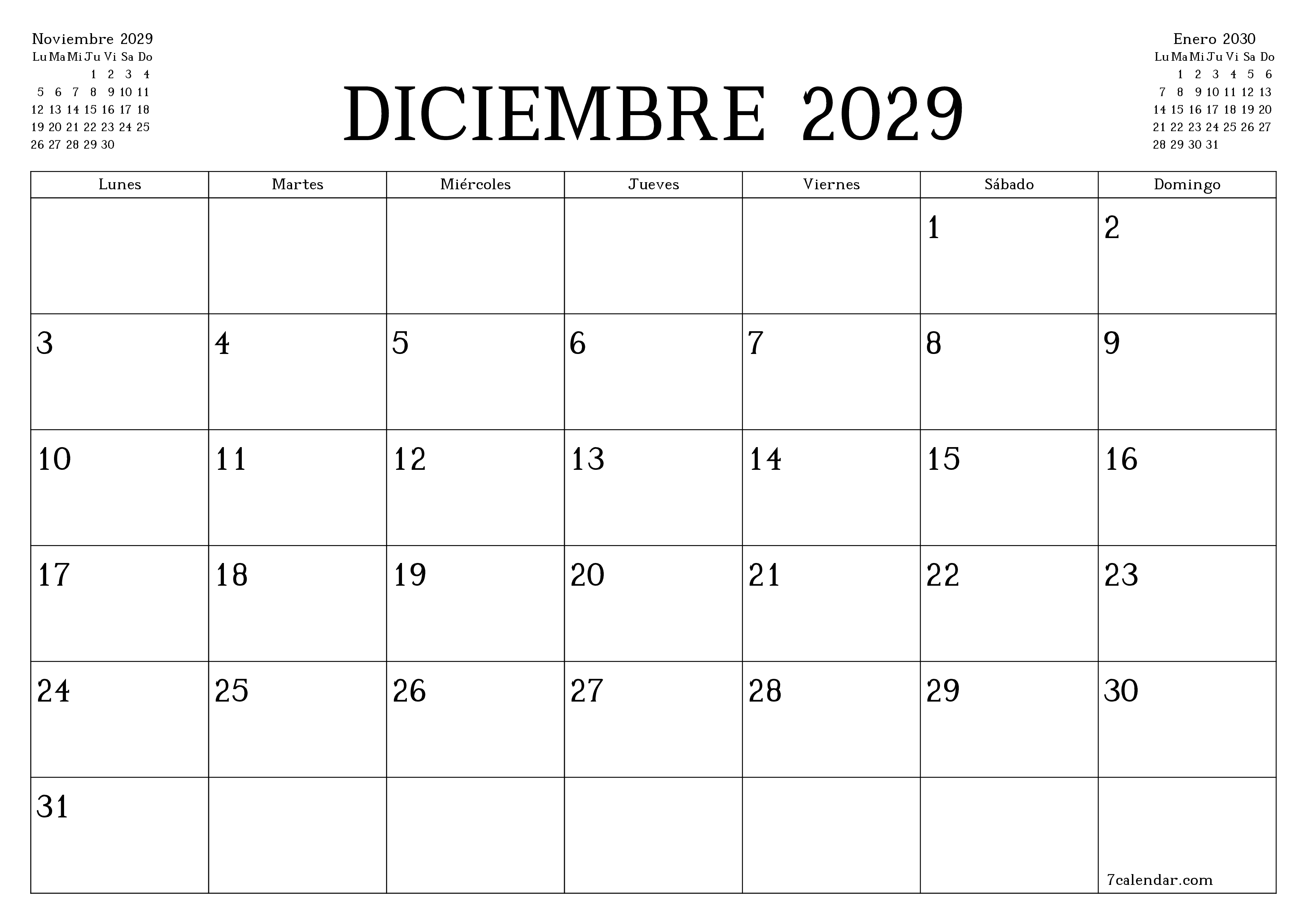 Planificador mensual vacío para el mes Diciembre 2029 con notas, guardar e imprimir en PDF PNG Spanish