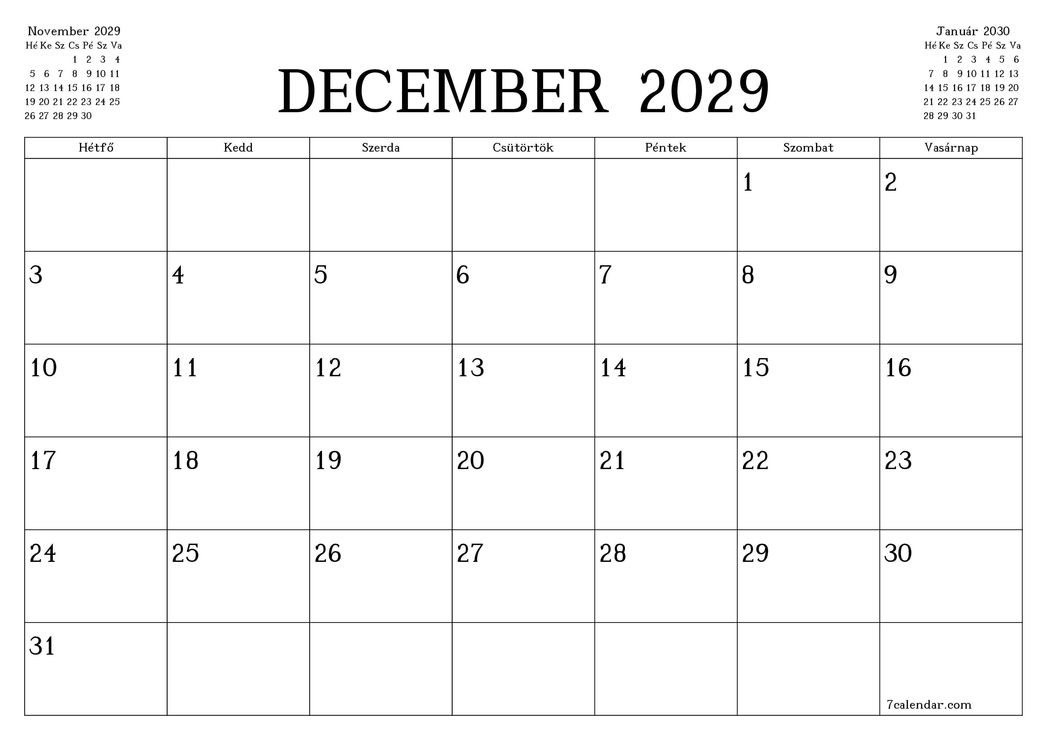 Üres havi tervező a December 2029 hónapra jegyzetekkel, mentés és nyomtatás PDF-be PNG Hungarian