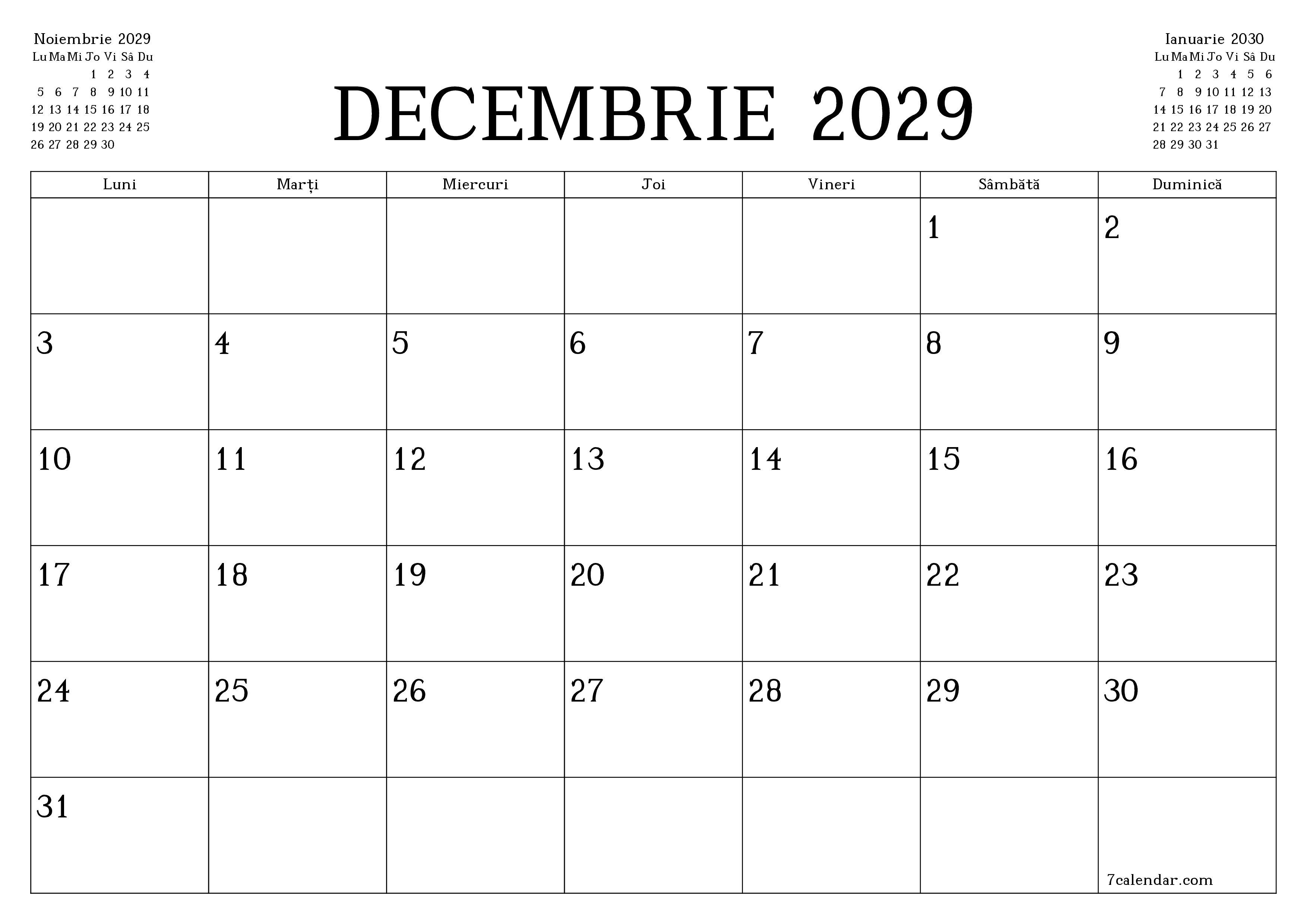 Planificator lunar gol pentru luna Decembrie 2029 cu note, salvați și tipăriți în PDF PNG Romanian
