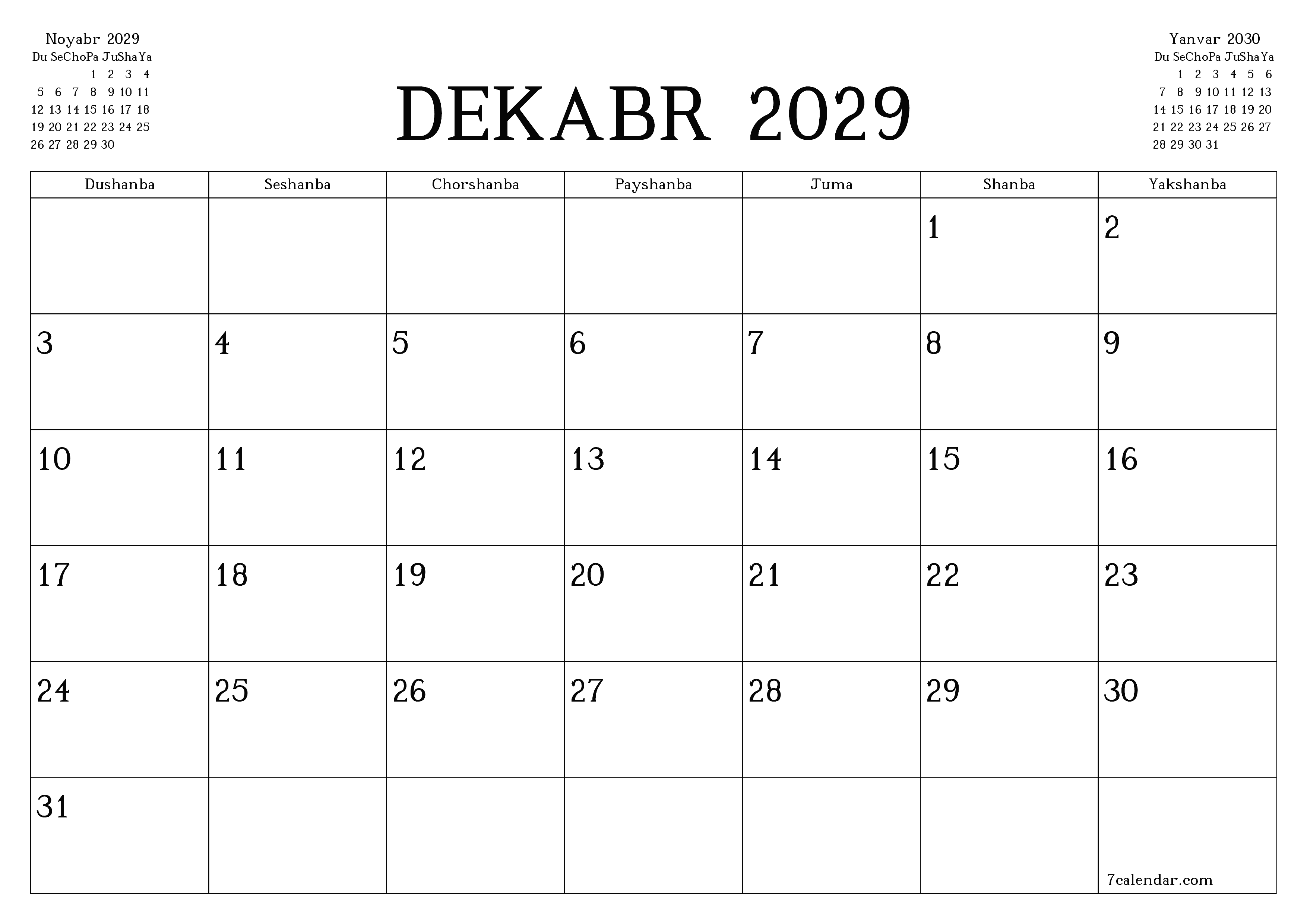 Dekabr 2029 oylik oylik rejalashtiruvchini yozuvlar bilan bo'shatish, saqlash va PDF-ga chop etish PNG Uzbek