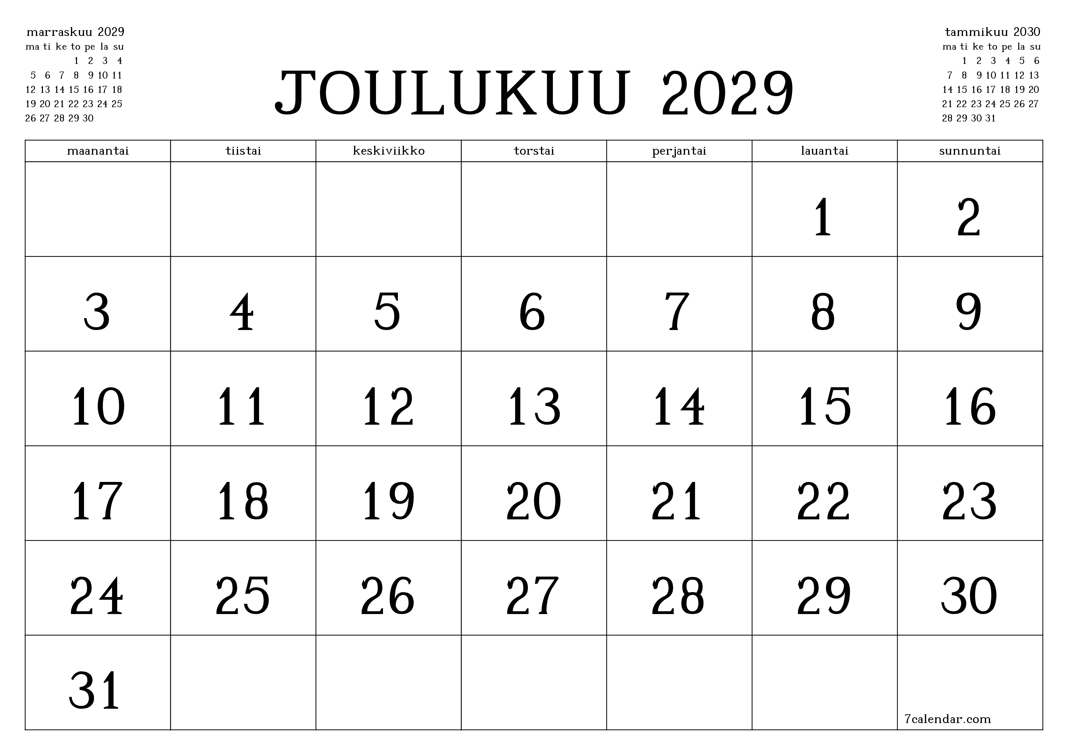 Tyhjennä kuukausittainen suunnittelija kuukaudelle Joulukuu 2029 muistiinpanoilla, tallenna ja tulosta PDF-muotoon PNG Finnish