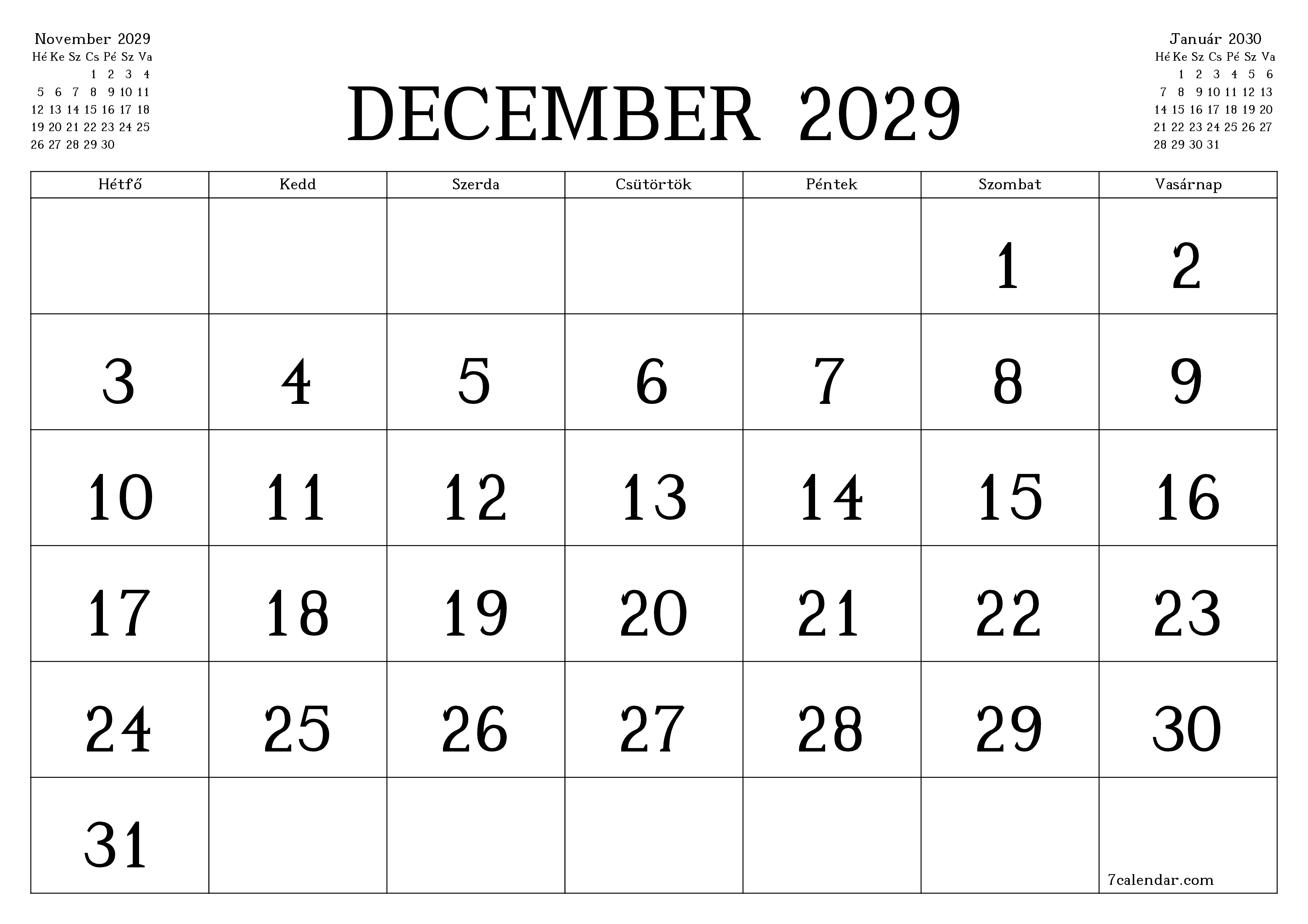 Üres havi tervező a December 2029 hónapra jegyzetekkel, mentés és nyomtatás PDF-be PNG Hungarian