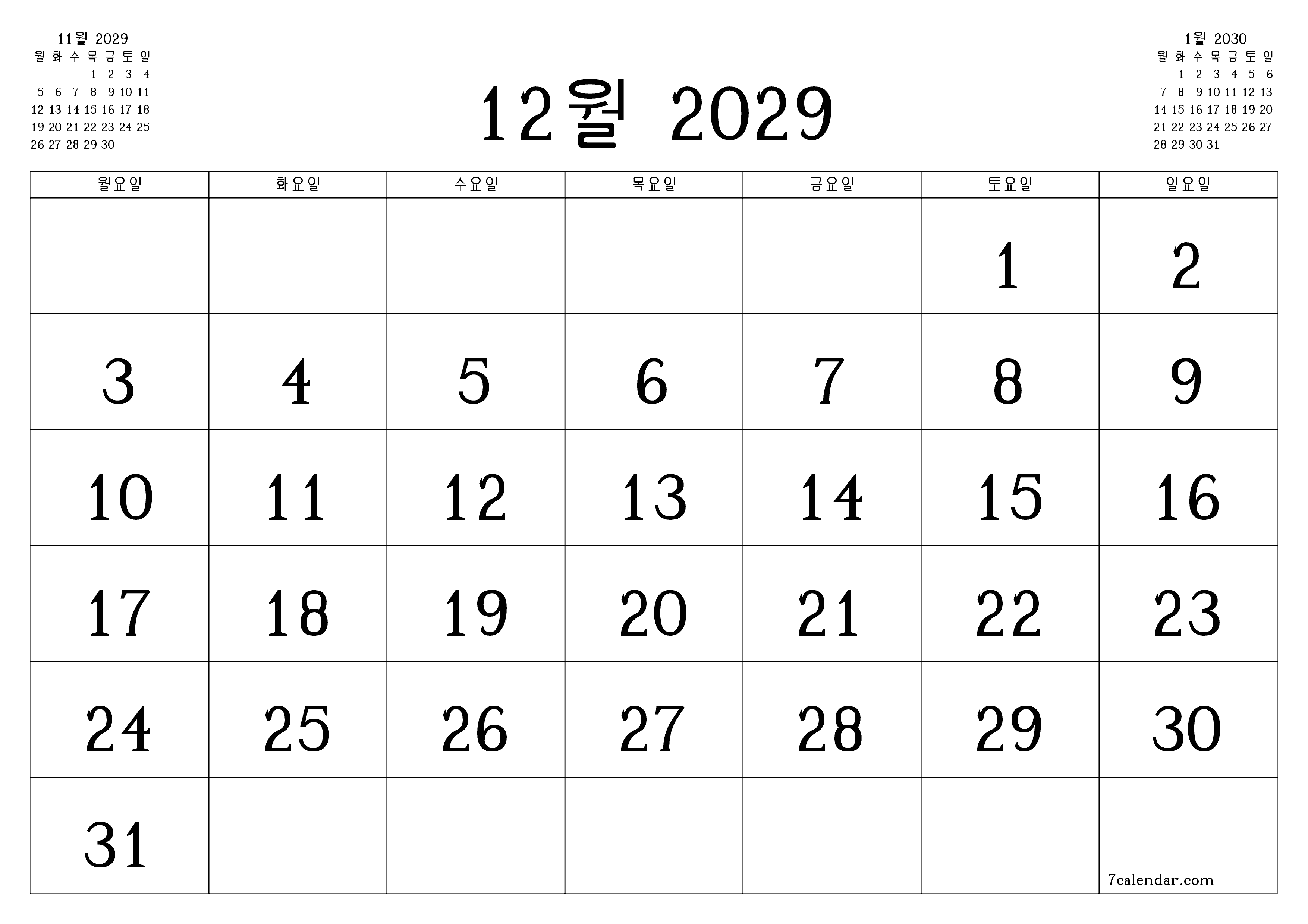 메모가있는 12월 2029 월의 월간 플래너 비우기, PDF PNG Korean-7calendar.com으로 저장 및 인쇄
