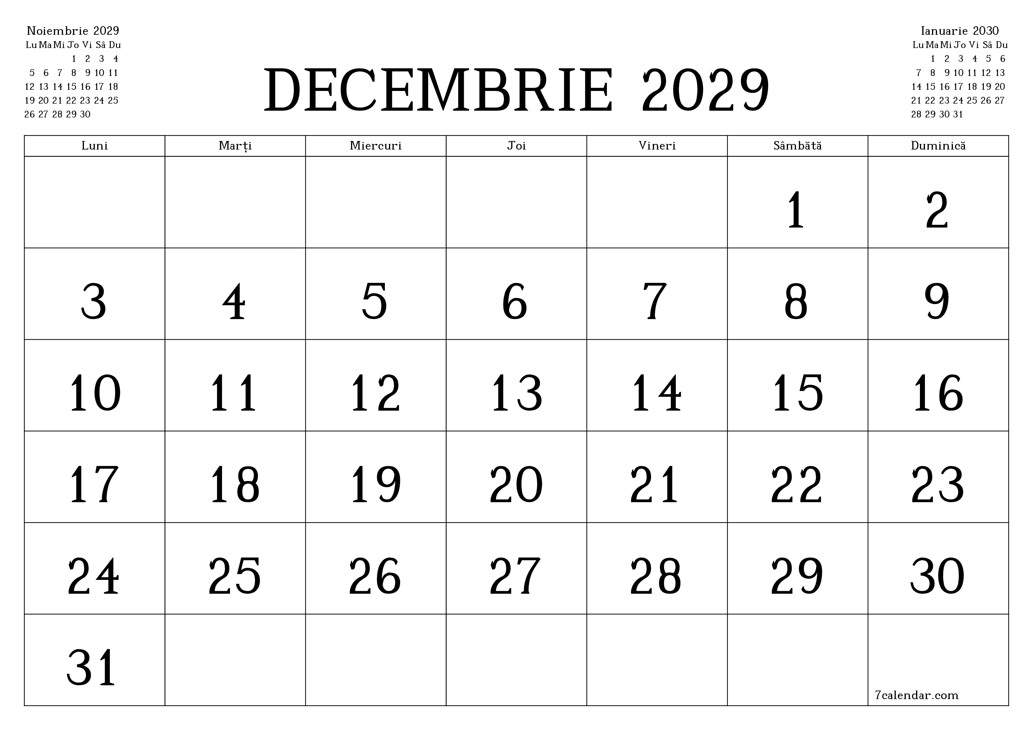 Planificator lunar gol pentru luna Decembrie 2029 cu note, salvați și tipăriți în PDF PNG Romanian
