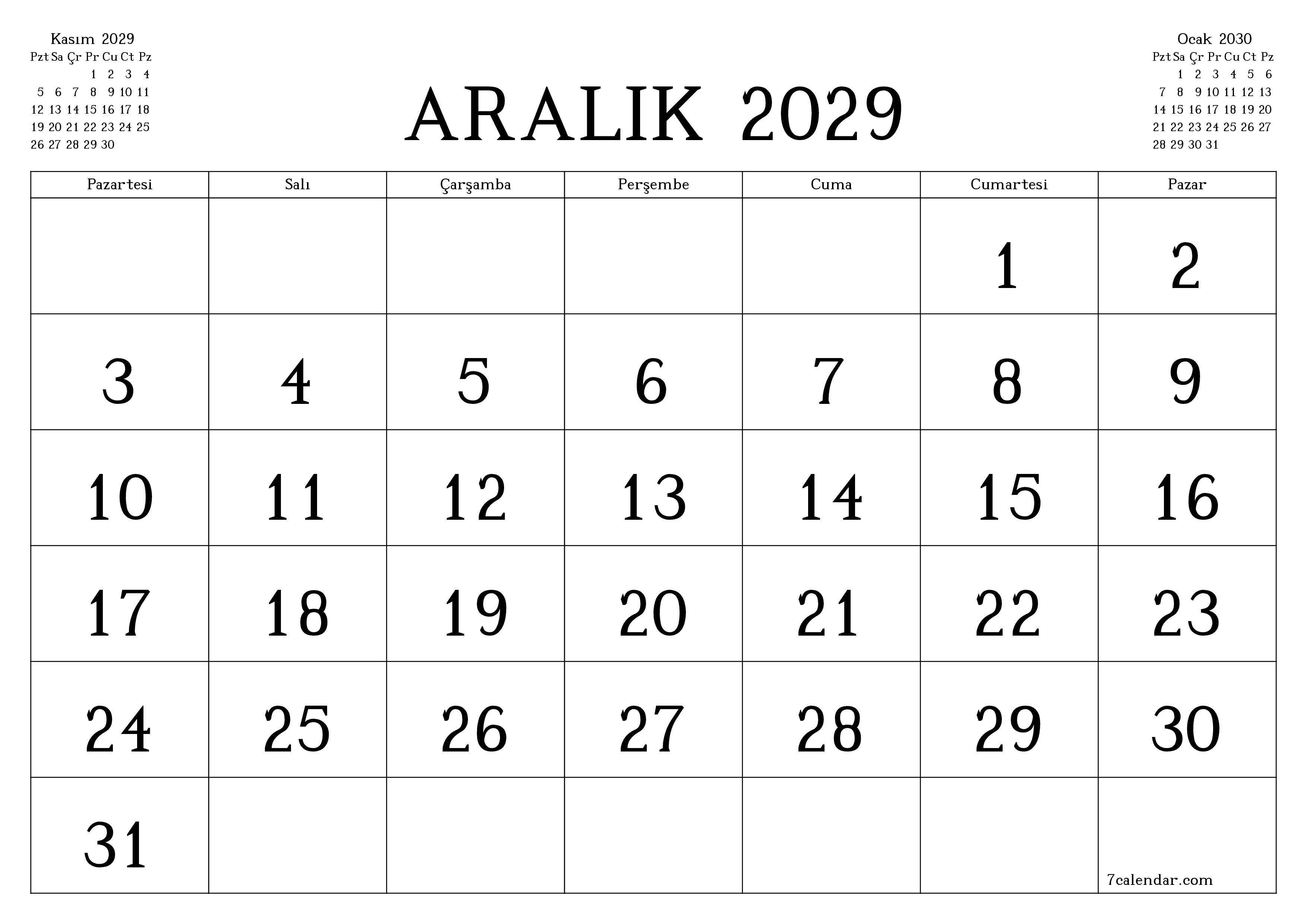 Aralık 2029 ayı için notlarla birlikte boş aylık planlayıcı, kaydedin ve PDF'ye yazdırın PNG Turkish