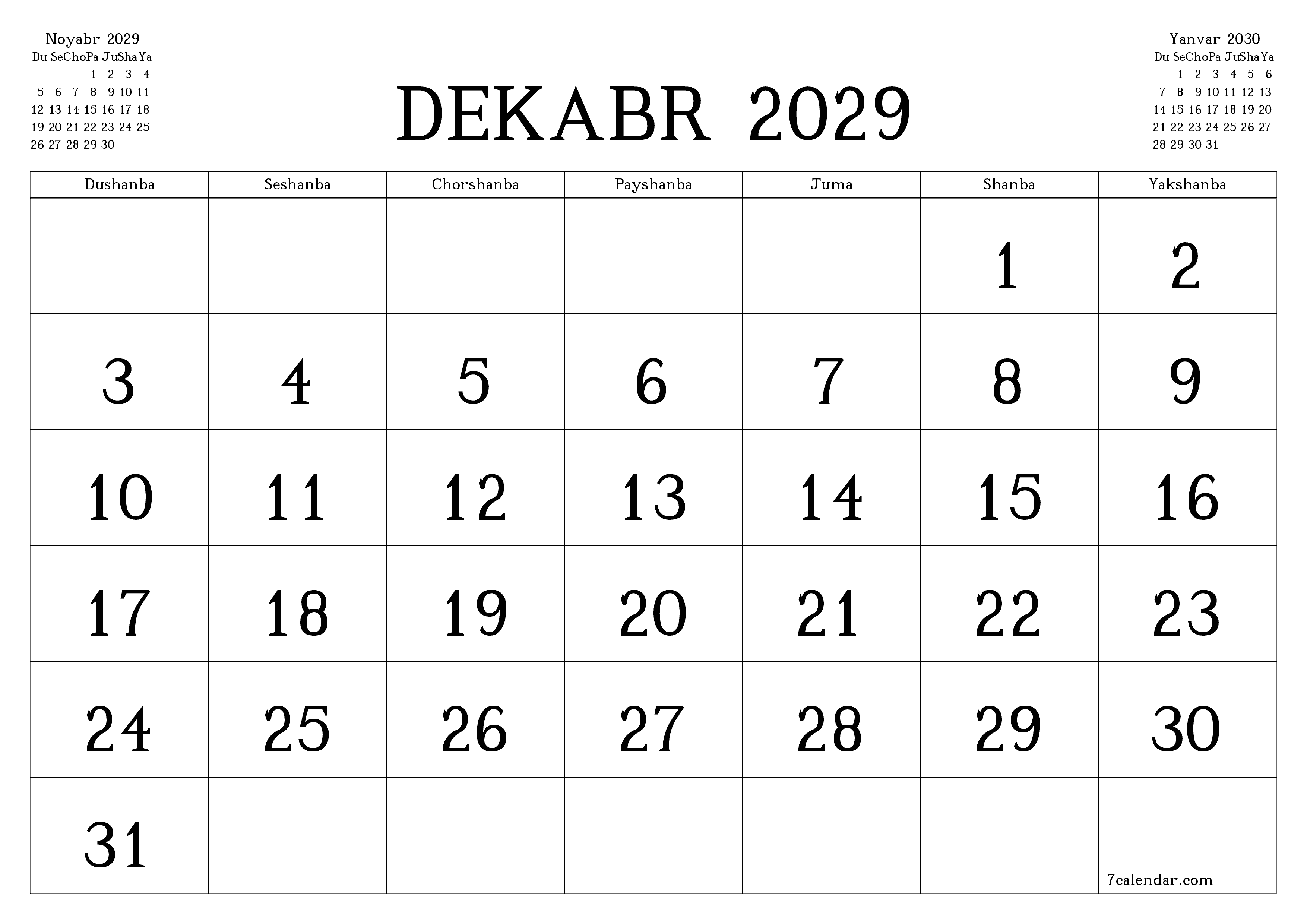 Dekabr 2029 oylik oylik rejalashtiruvchini yozuvlar bilan bo'shatish, saqlash va PDF-ga chop etish PNG Uzbek