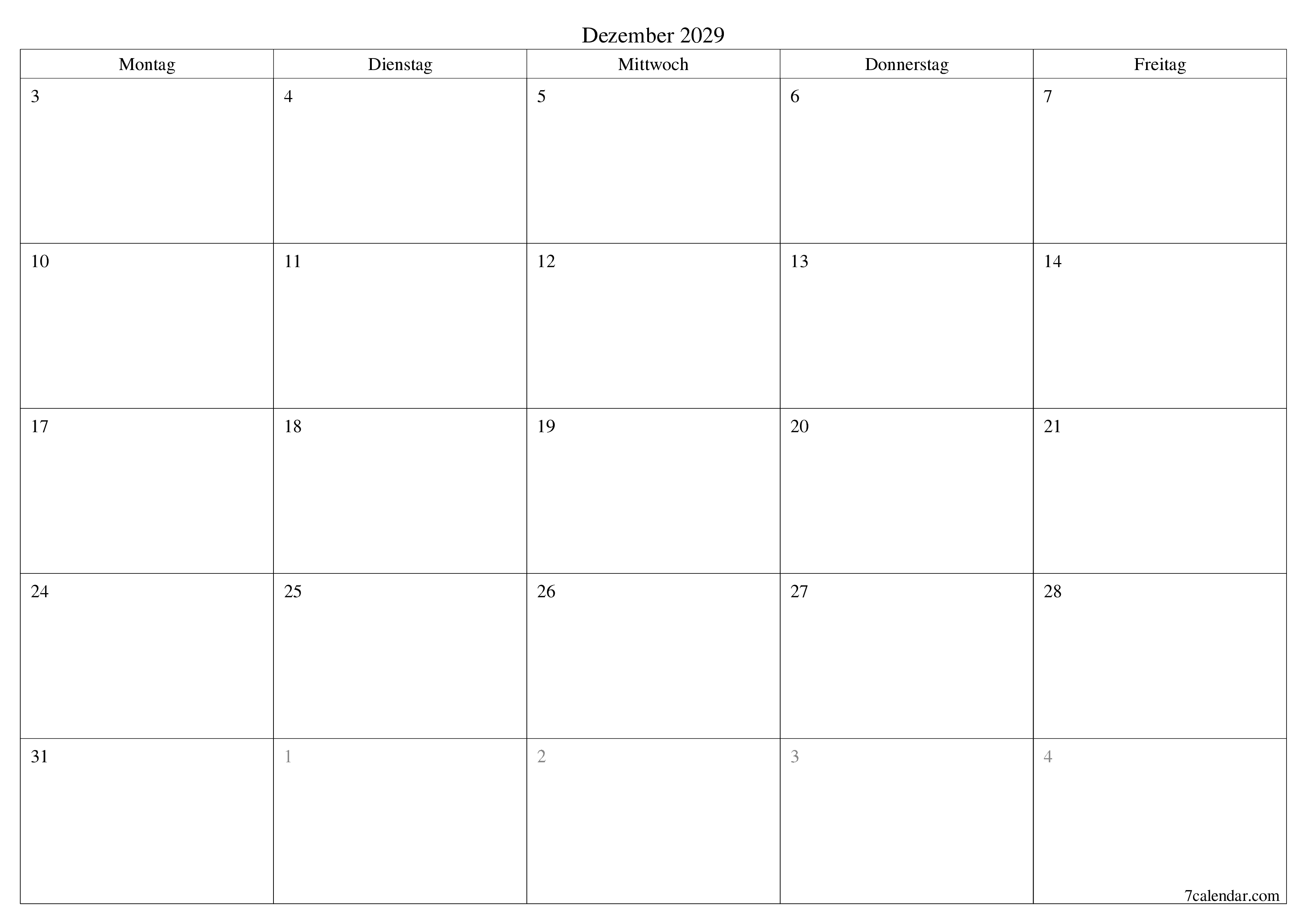 Monatsplaner für Monat Dezember 2029 mit Notizen leeren, speichern und als PDF PNG German - 7calendar.com drucken