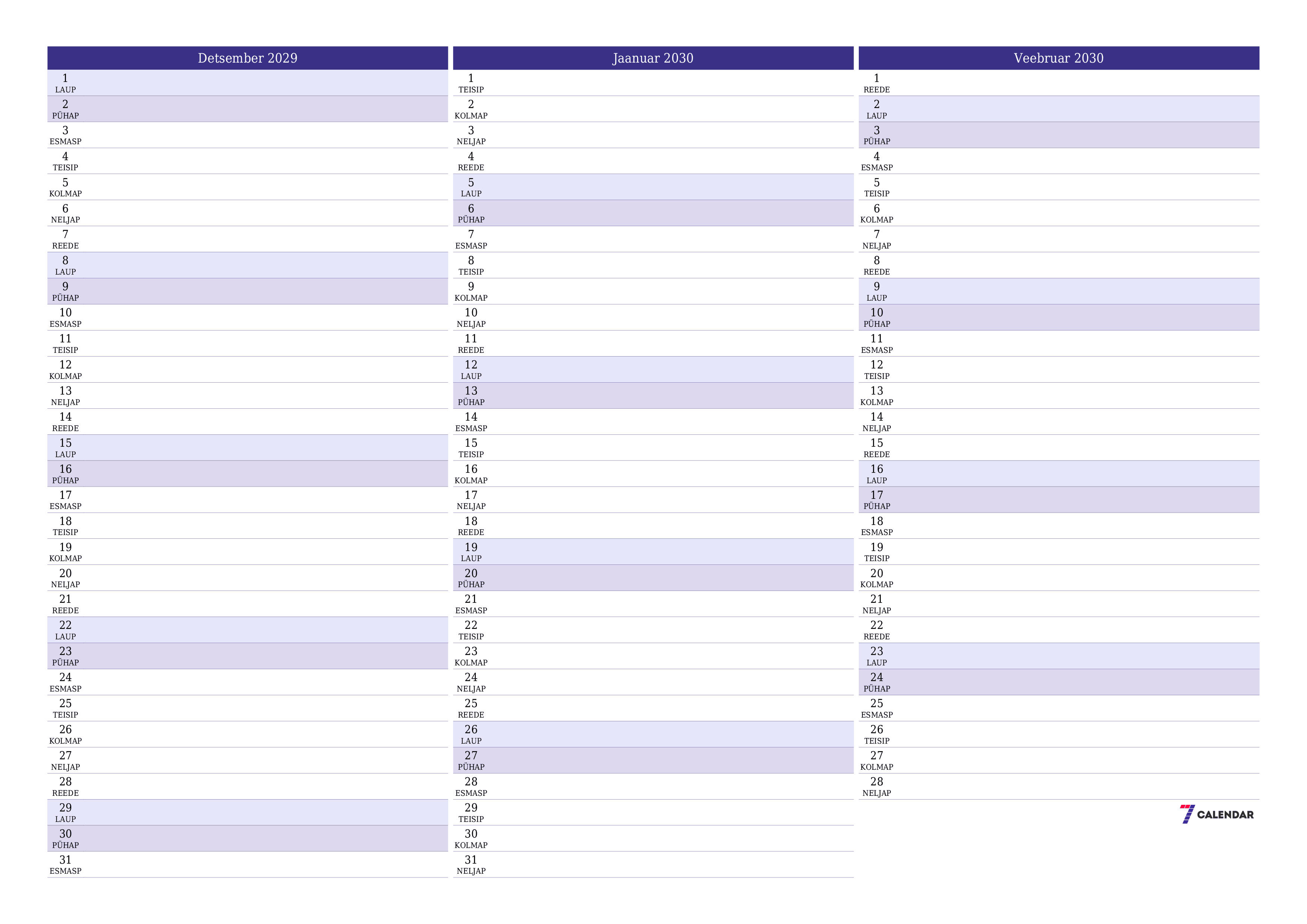 Tühjendage kuu Detsember 2029 kuuplaneerija märkmetega, salvestage ja printige PDF-i PNG Estonian