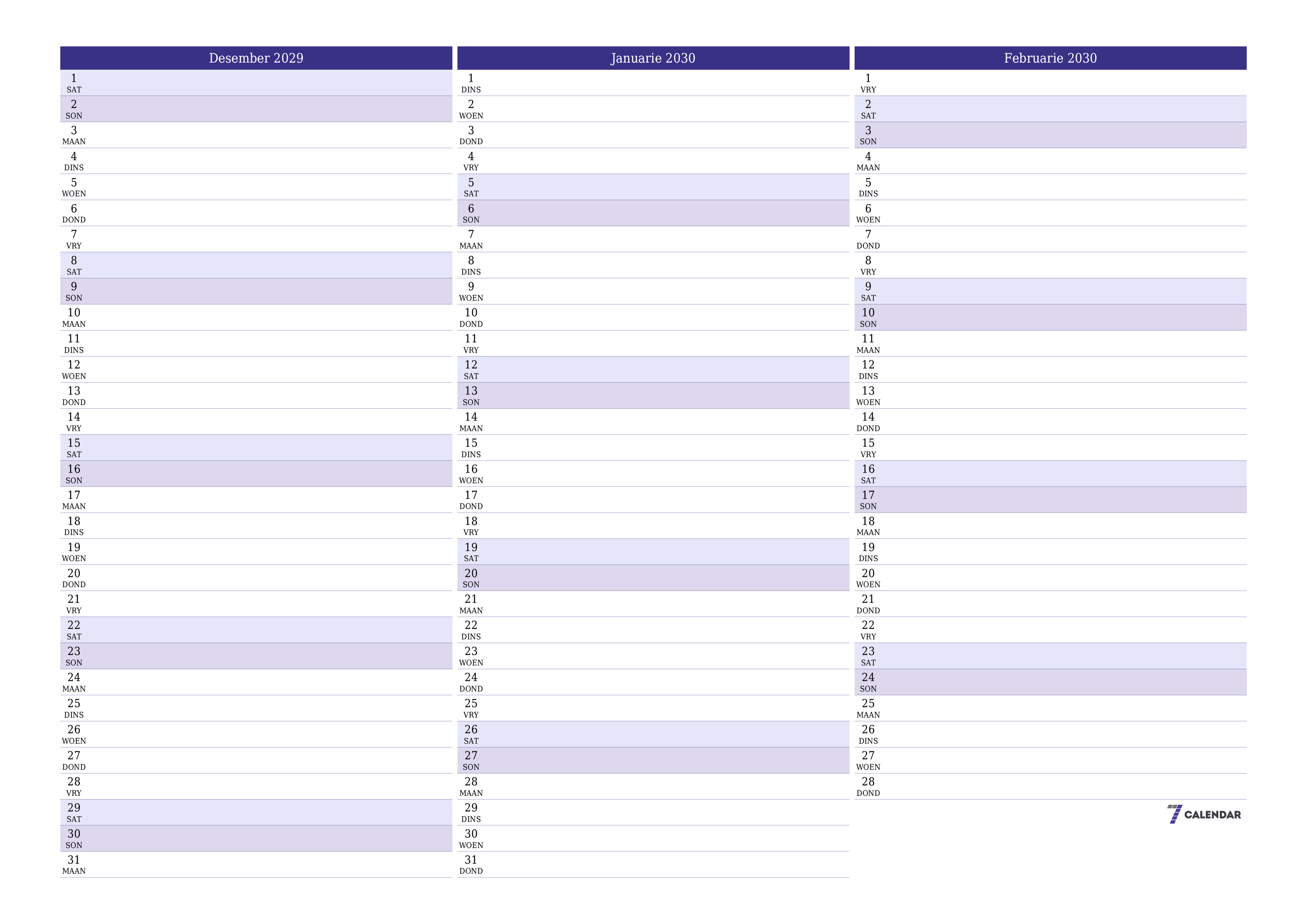 Leë maandelikse drukbare kalender en beplanner vir maand Desember 2029 met notas stoor en druk na PDF PNG Afrikaans
