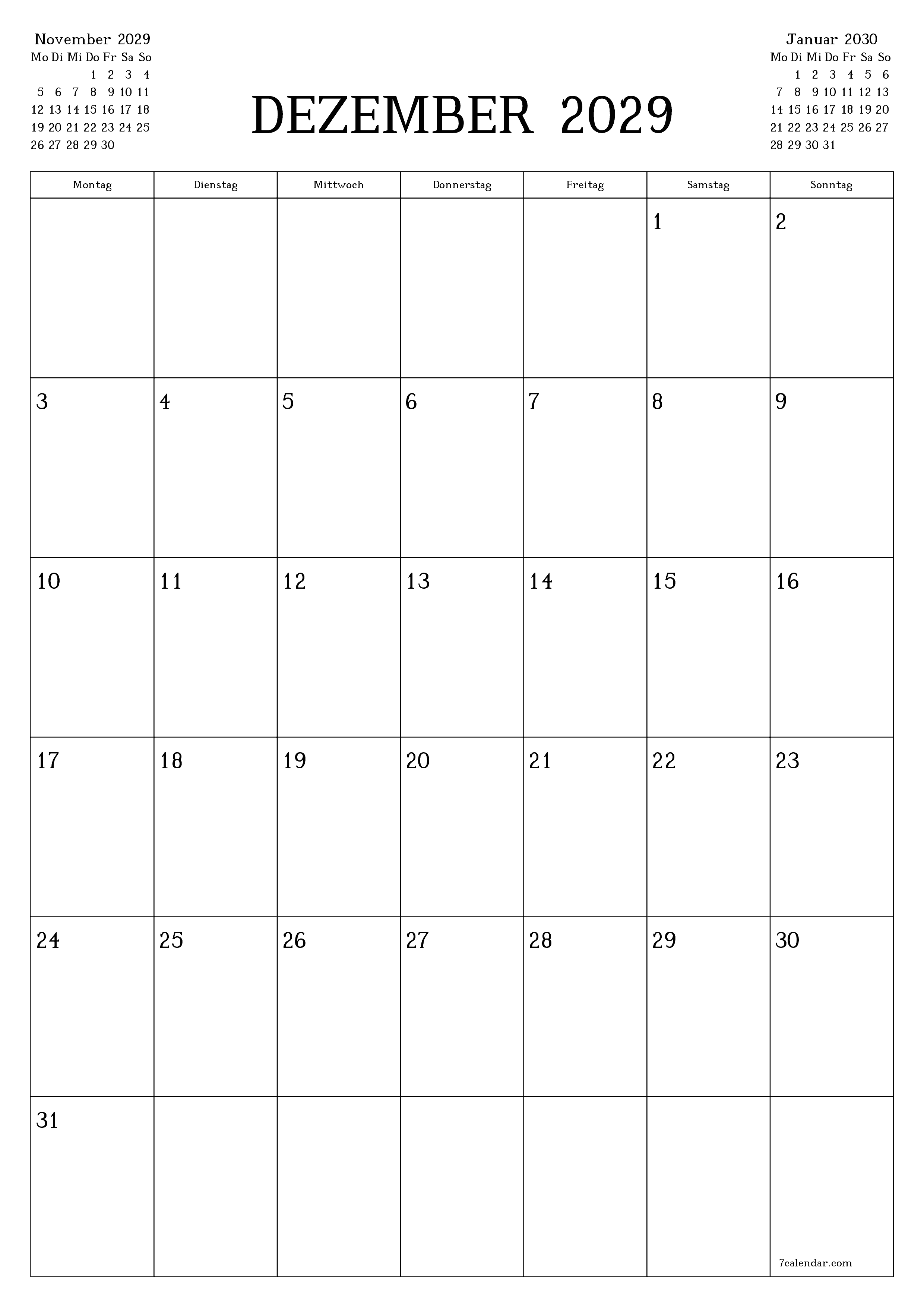  zum Ausdrucken Wandkalender vorlage kostenloser vertikal Monatlich Planer Kalender Dezember (Dez) 2029