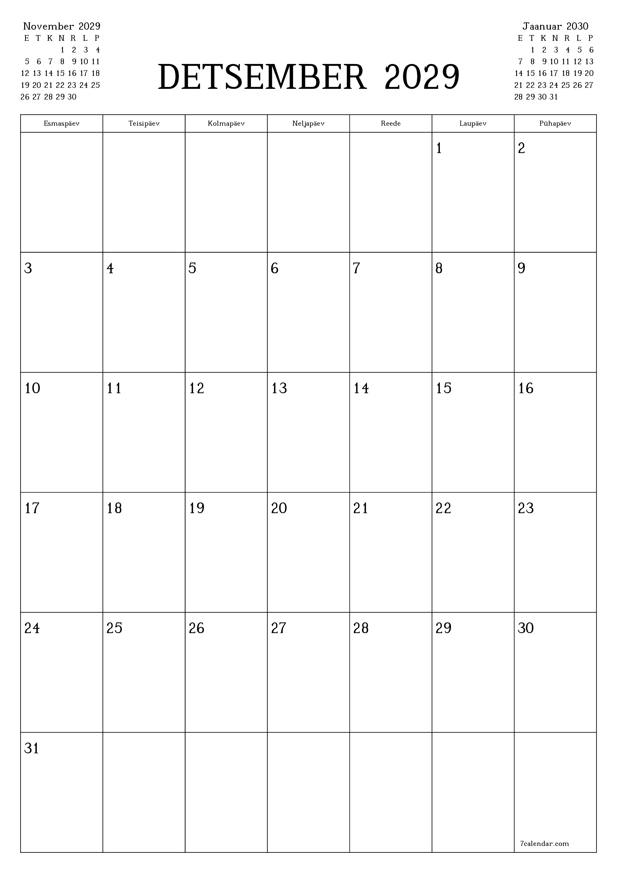 prinditav seina kalendri mall tasuta vertikaalne Igakuine planeerija kalender Detsember (Dets) 2029