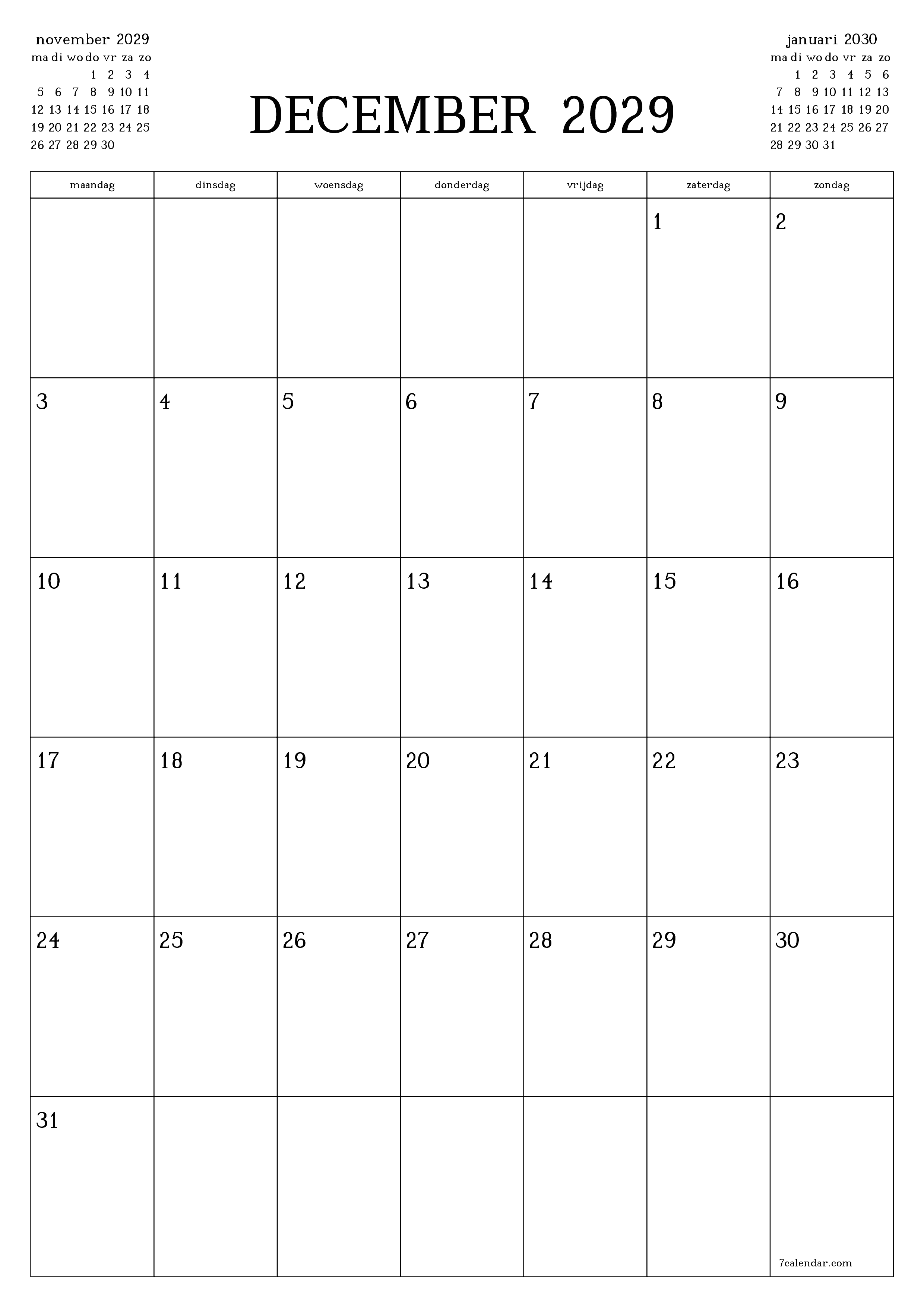 afdrukbare muur sjabloon gratis verticaal Maandelijks planner kalender december (dec) 2029