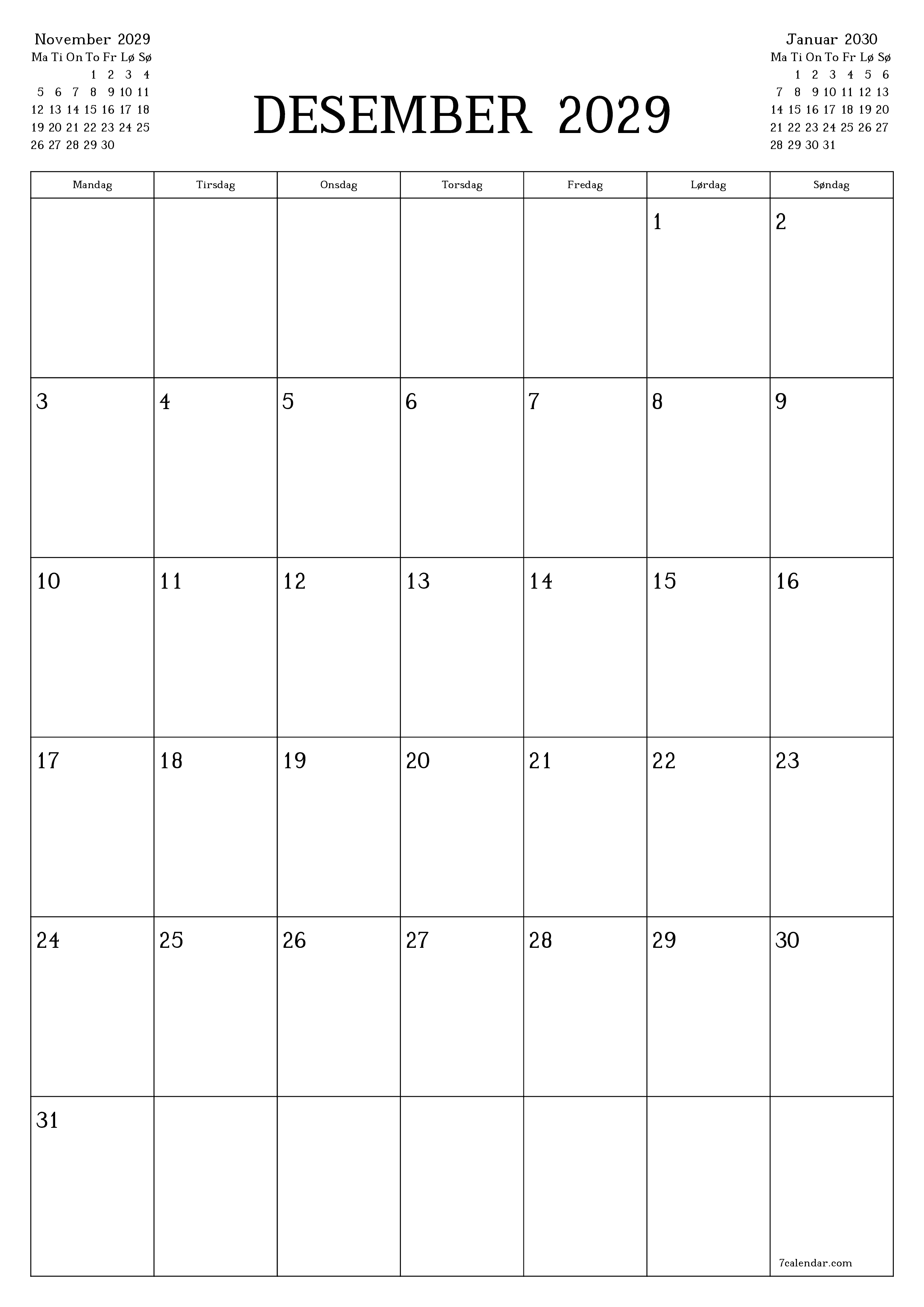 utskrivbar vegg mal gratis vertikal Månedlig planlegger kalender Desember (Des) 2029