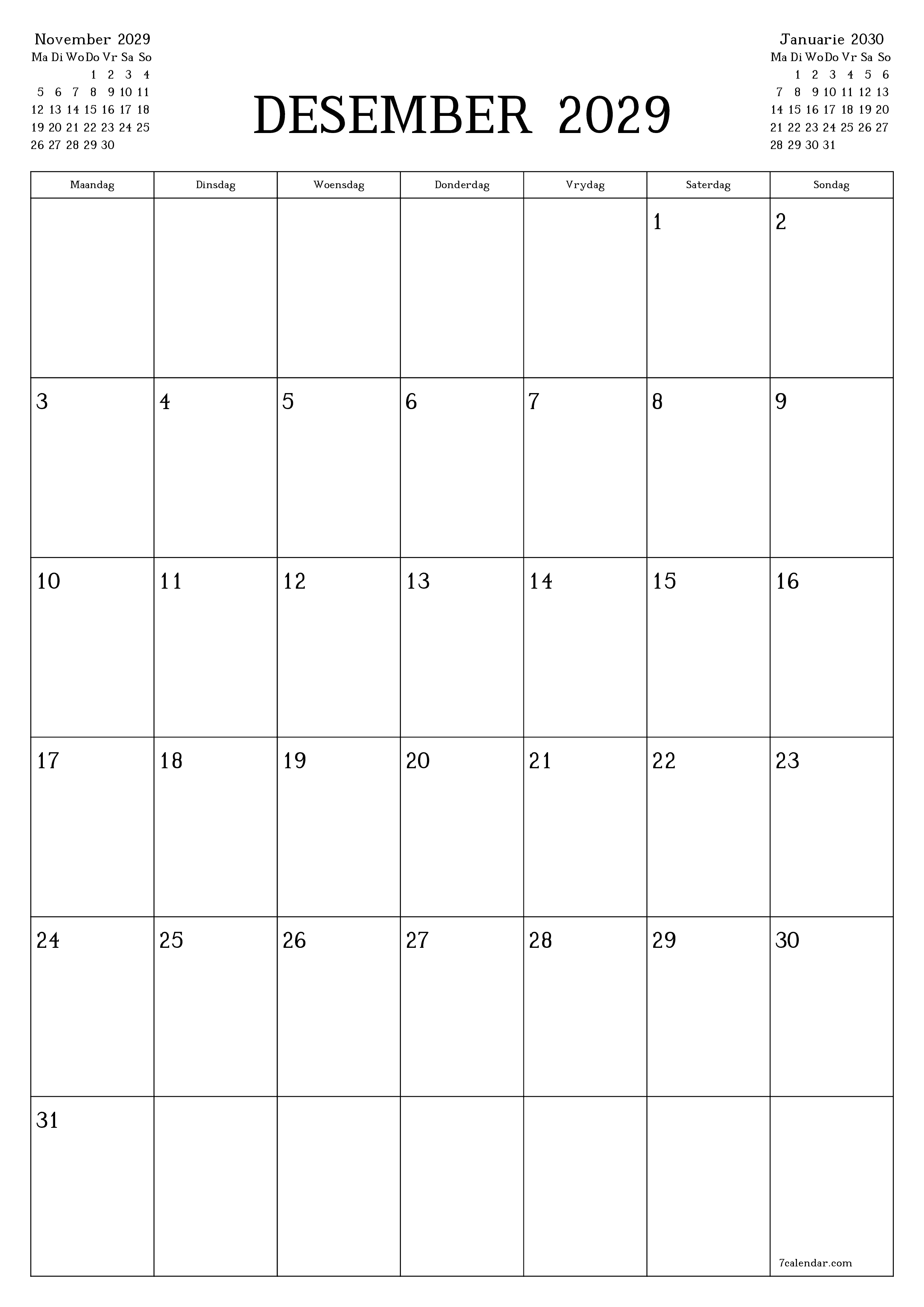Leë maandelikse drukbare kalender en beplanner vir maand Desember 2029 met notas stoor en druk na PDF PNG Afrikaans