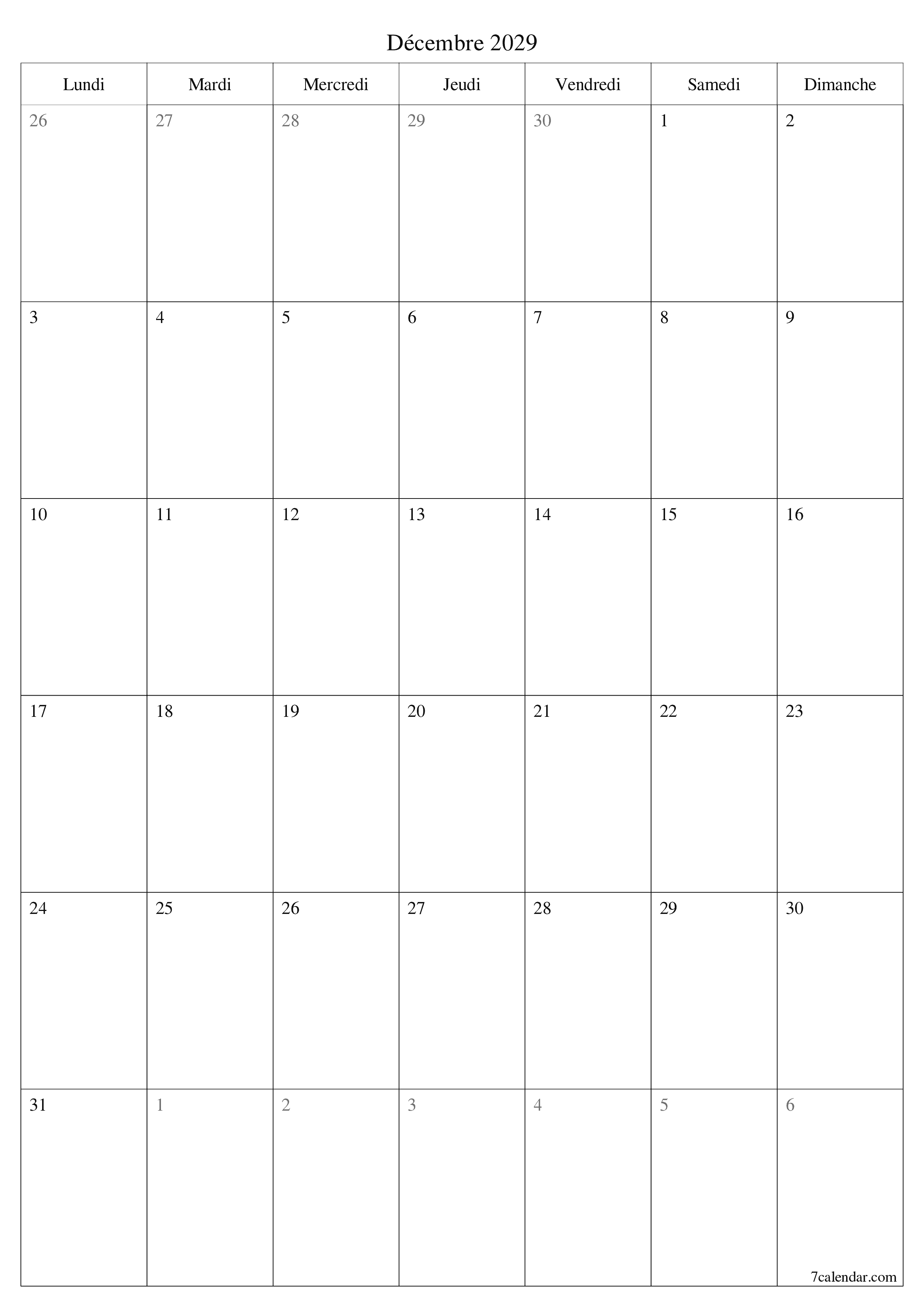  imprimable mural modèle de gratuitverticale Mensuel planificateur calendrier Décembre (Déc) 2029