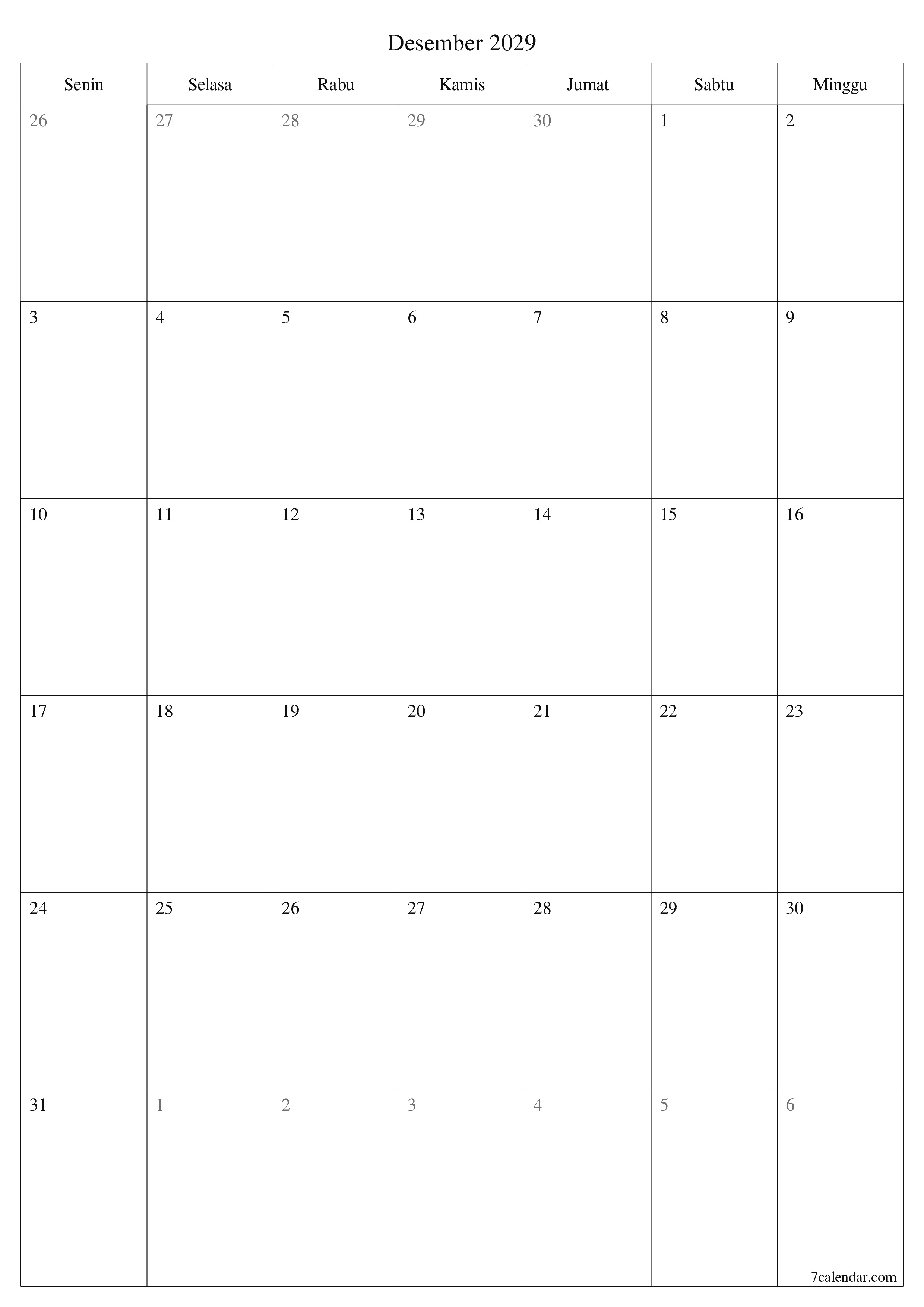  yang dapat dicetak dinding templat gratisvertikal Bulanan perencana kalender Desember (Des) 2029
