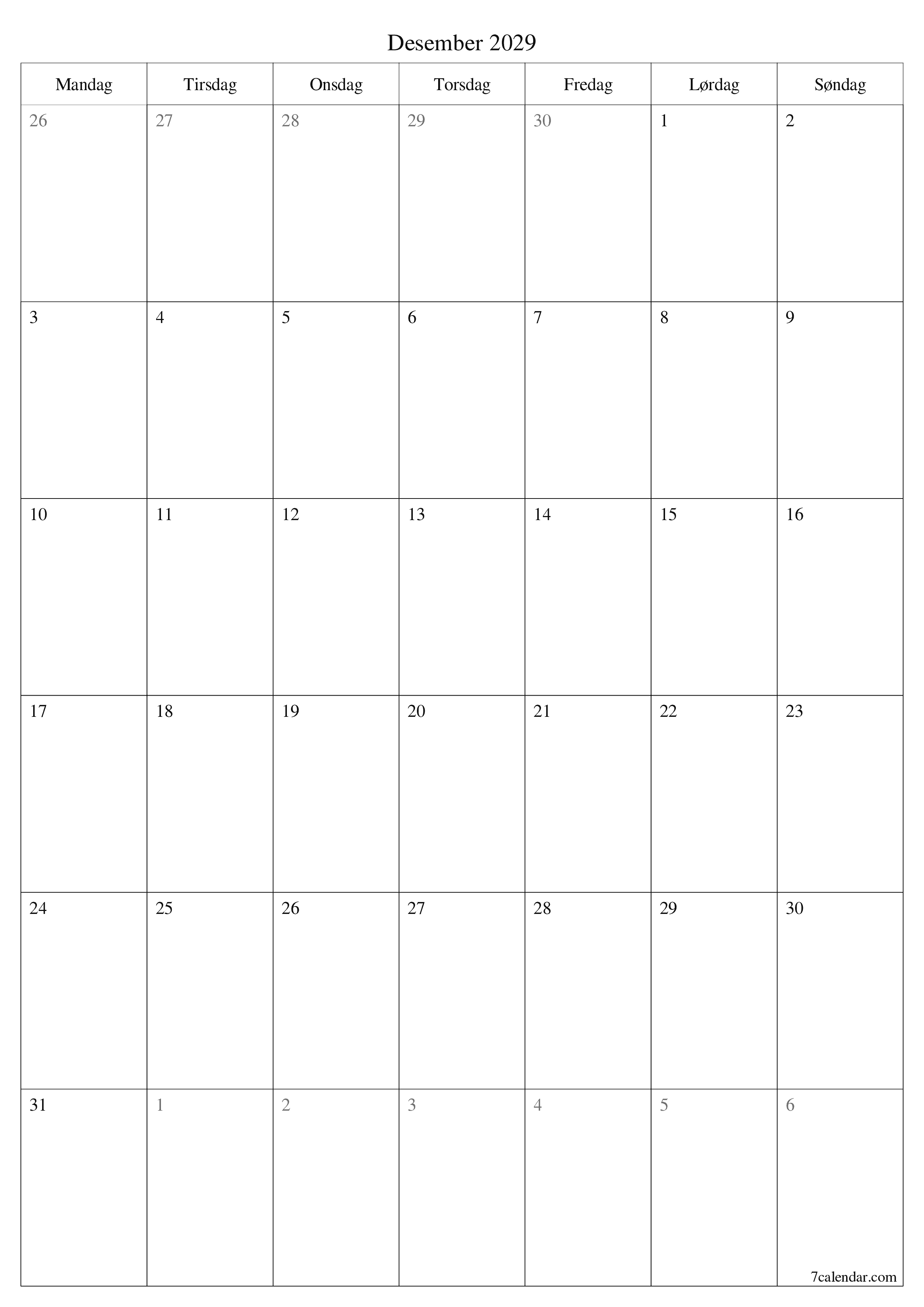 utskrivbar vegg mal gratis vertikal Månedlig planlegger kalender Desember (Des) 2029