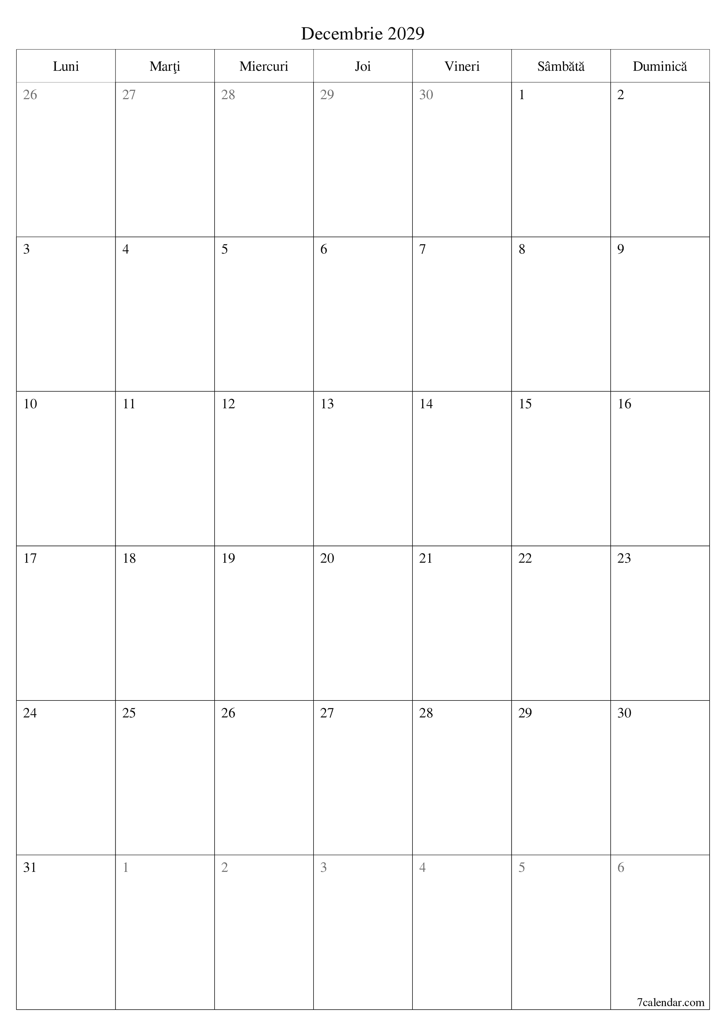  imprimabil de perete șablon de gratuitvertical Lunar planificator calendar Decembrie (Dec) 2029