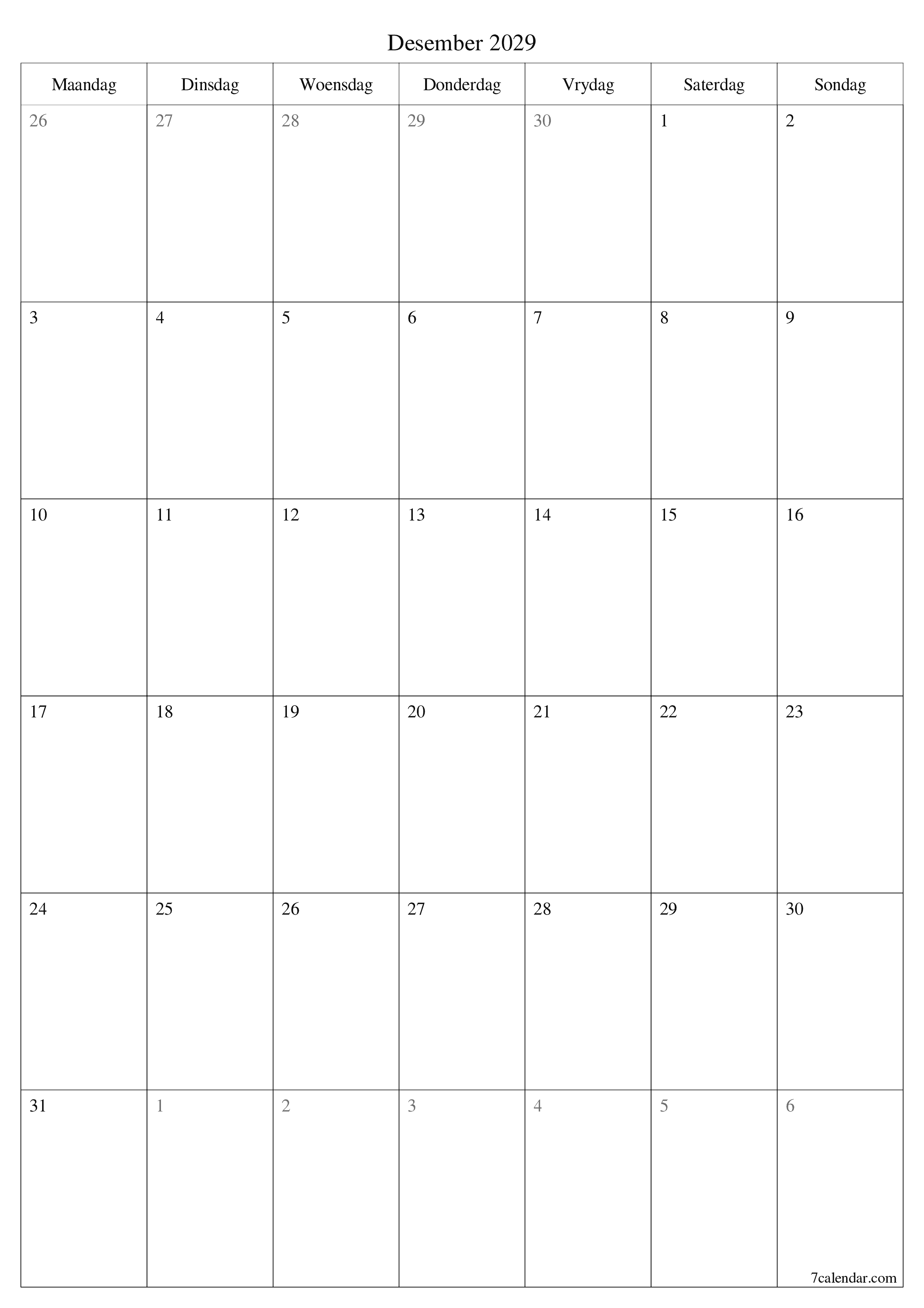 Leë maandelikse drukbare kalender en beplanner vir maand Desember 2029 met notas stoor en druk na PDF PNG Afrikaans