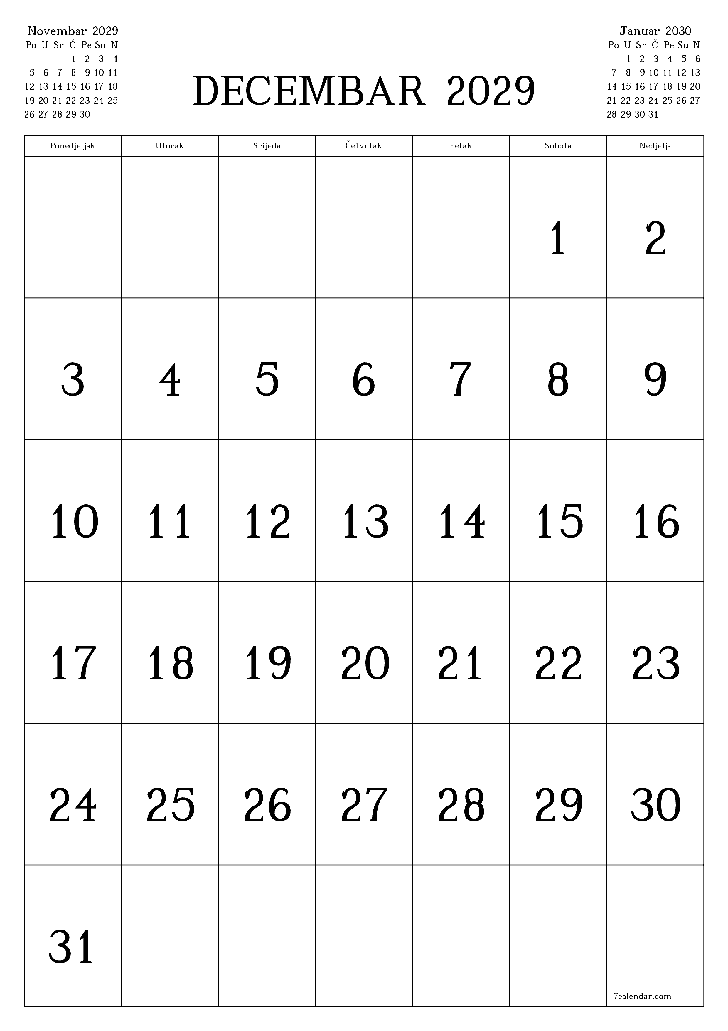  za štampanje zidni šablon a besplatni vertikalno Mjesečno kalendar Decembar (Dec) 2029