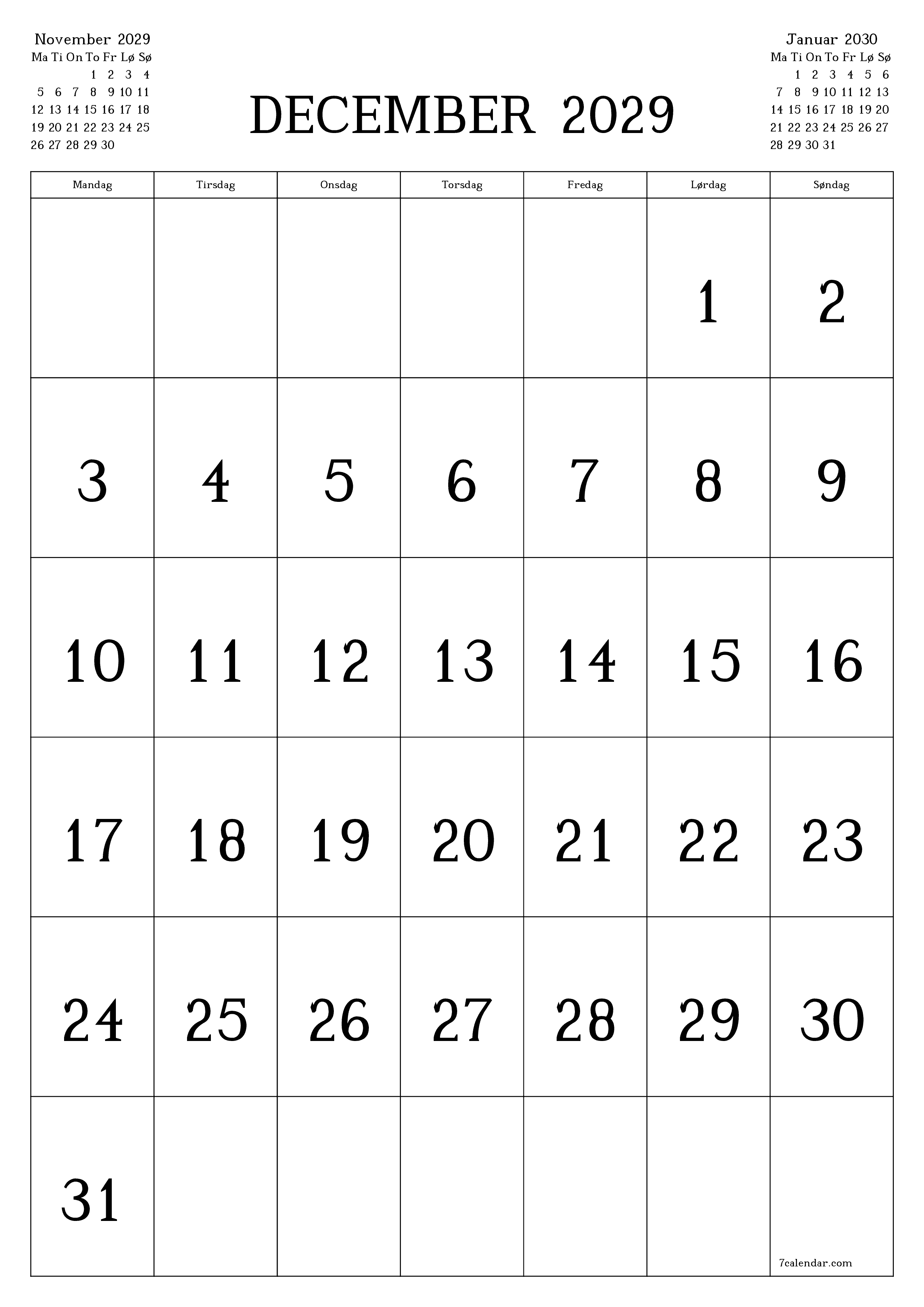 udskrivbar væg skabelon gratis lodret Månedlig kalender December (Dec) 2029