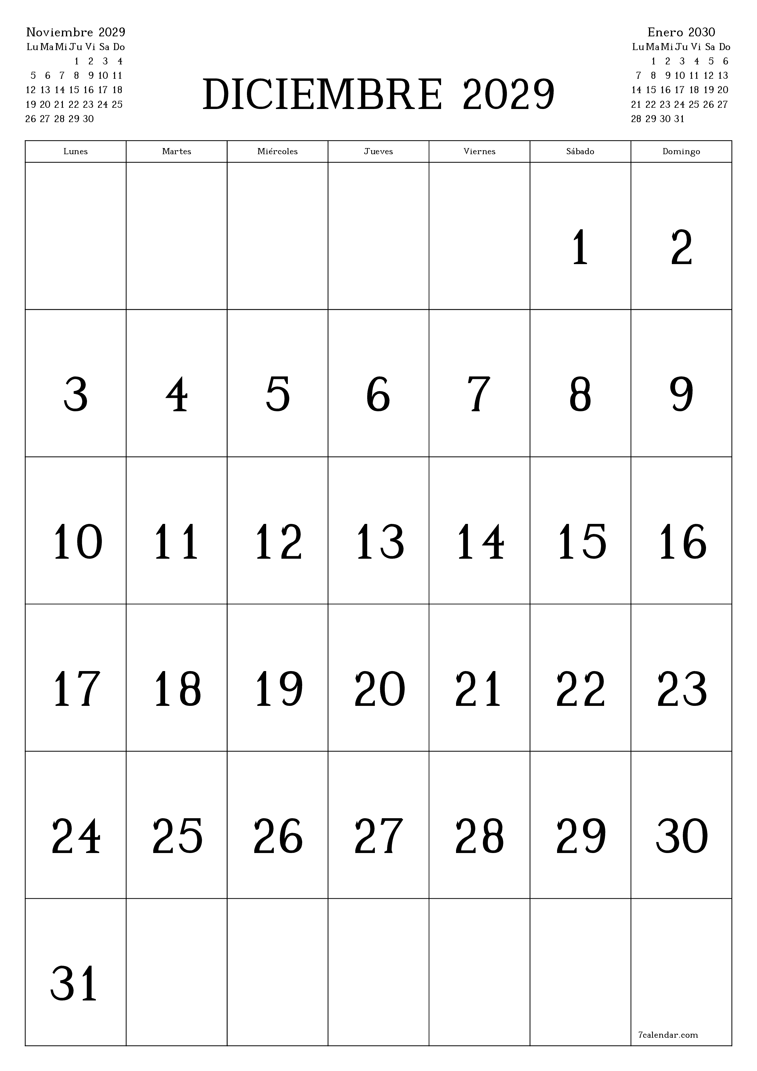  imprimible de pared plantilla de gratisvertical Mensual calendario Diciembre (Dic) 2029