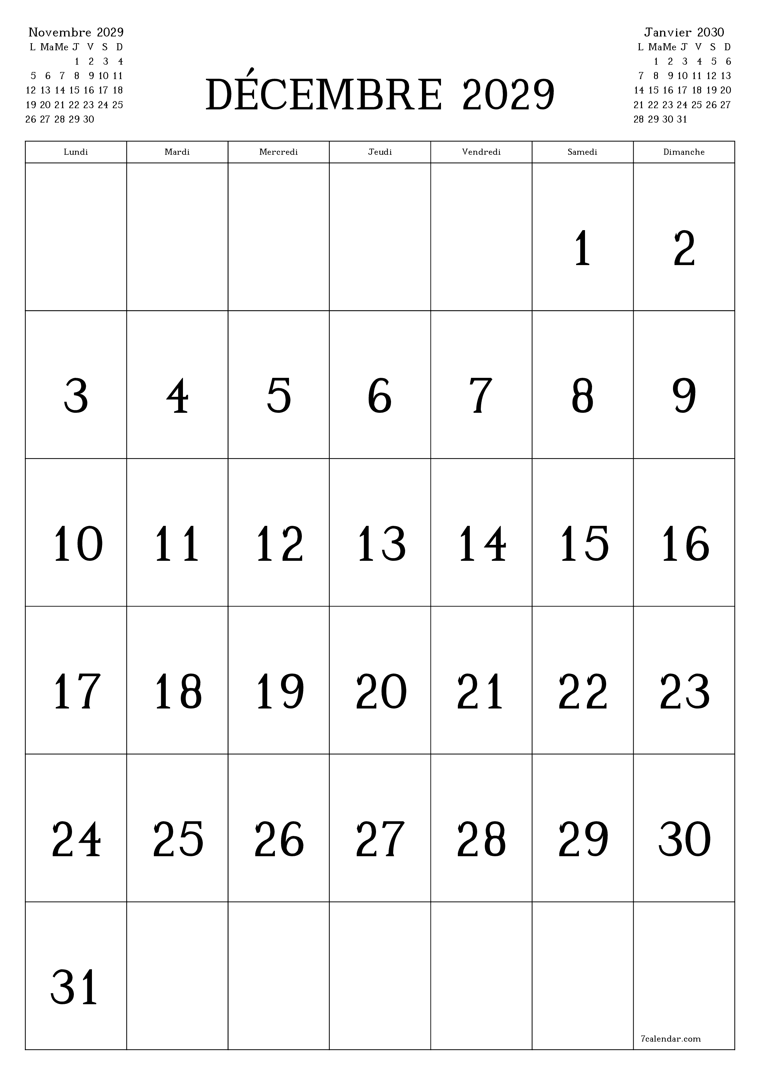  imprimable mural modèle de gratuitverticale Mensuel calendrier Décembre (Déc) 2029