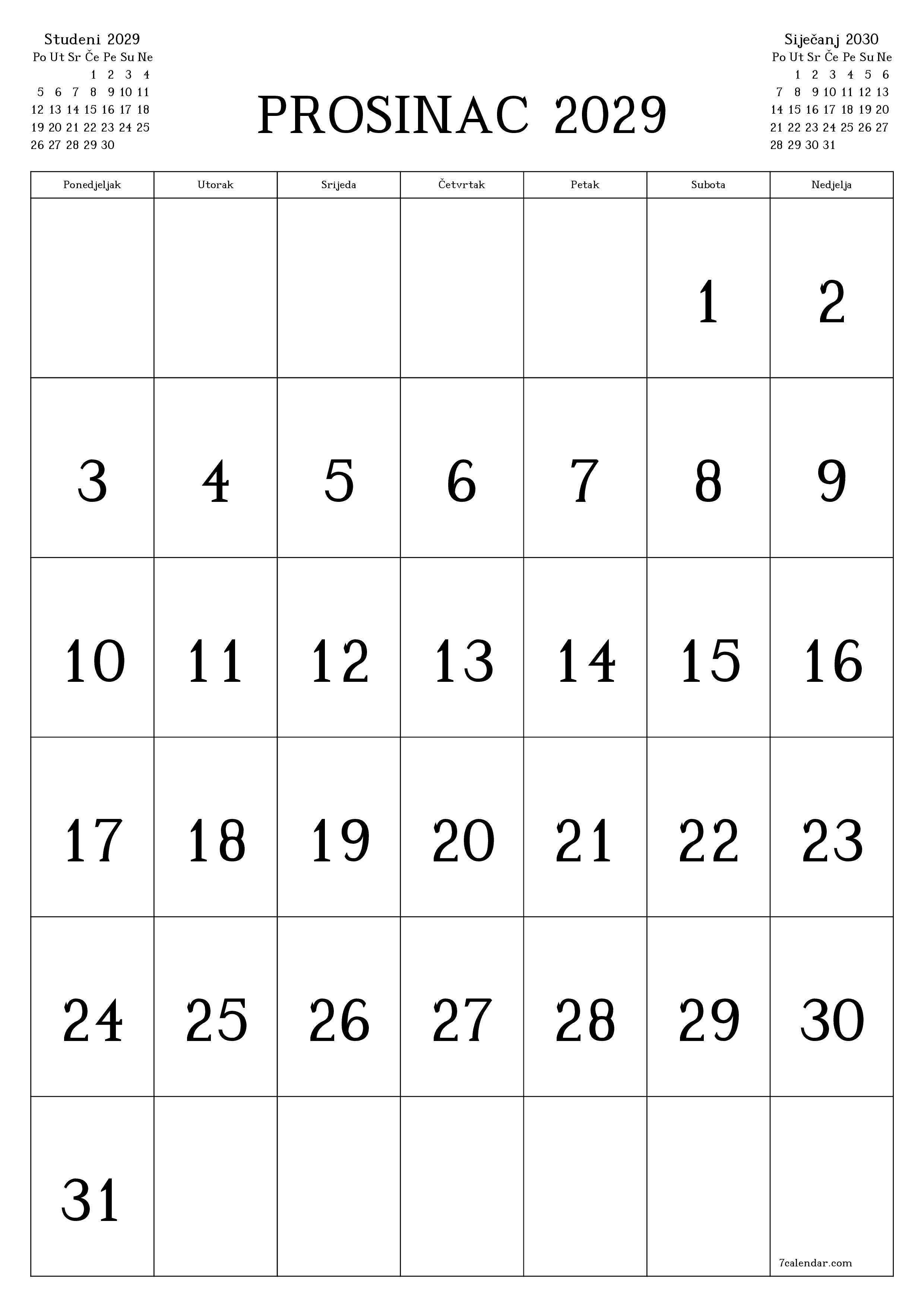  za ispis zidni predložak a besplatni okomito Mjesečni kalendar Prosinac (Pro) 2029