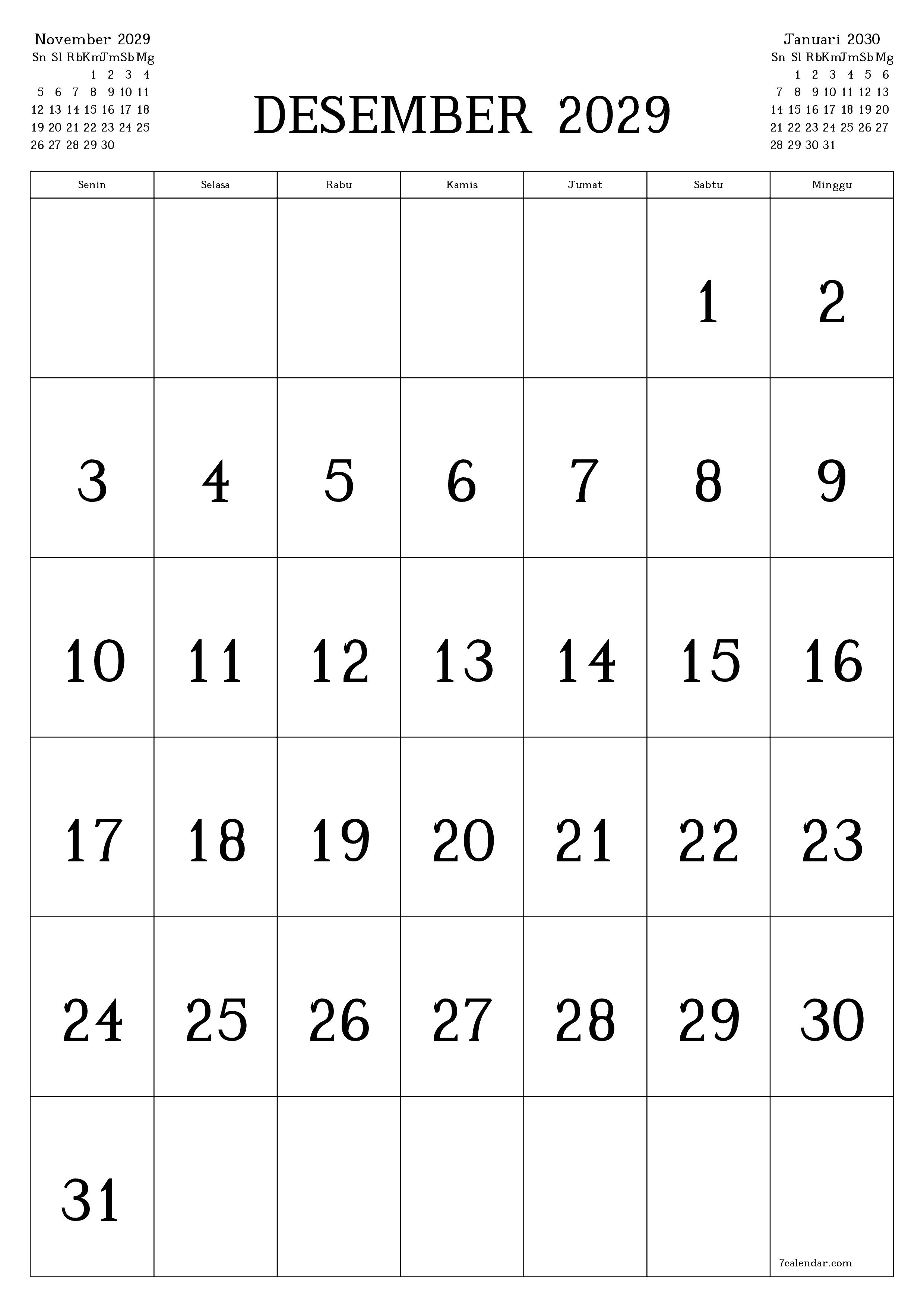 Kosongkan agenda bulanan untuk bulan Desember 2029 dengan catatan, simpan dan cetak ke PDF PNG Indonesian