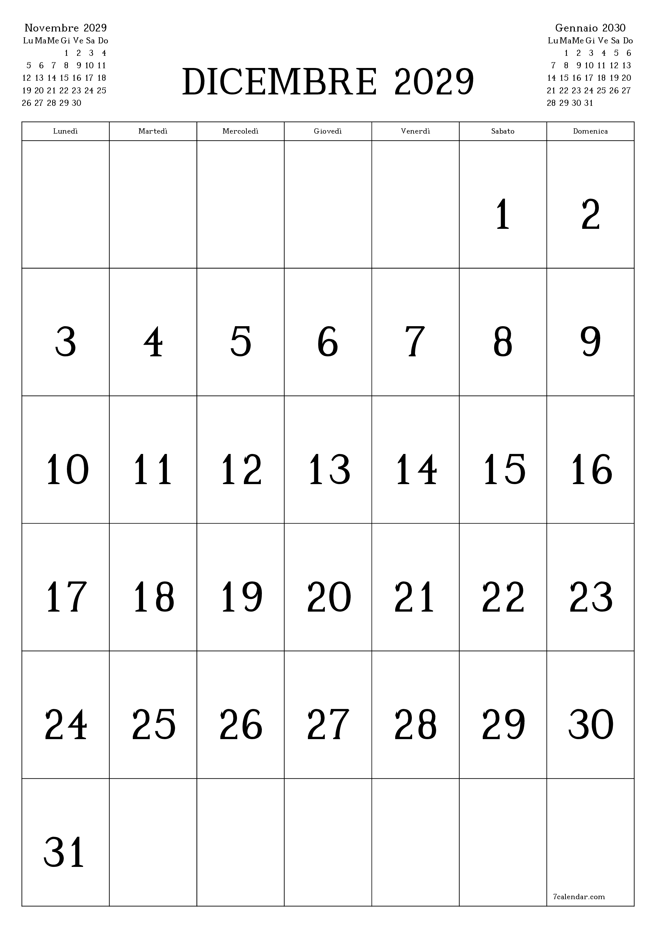  stampabile da parete modello di gratuitoverticale Mensile calendario Dicembre (Dic) 2029