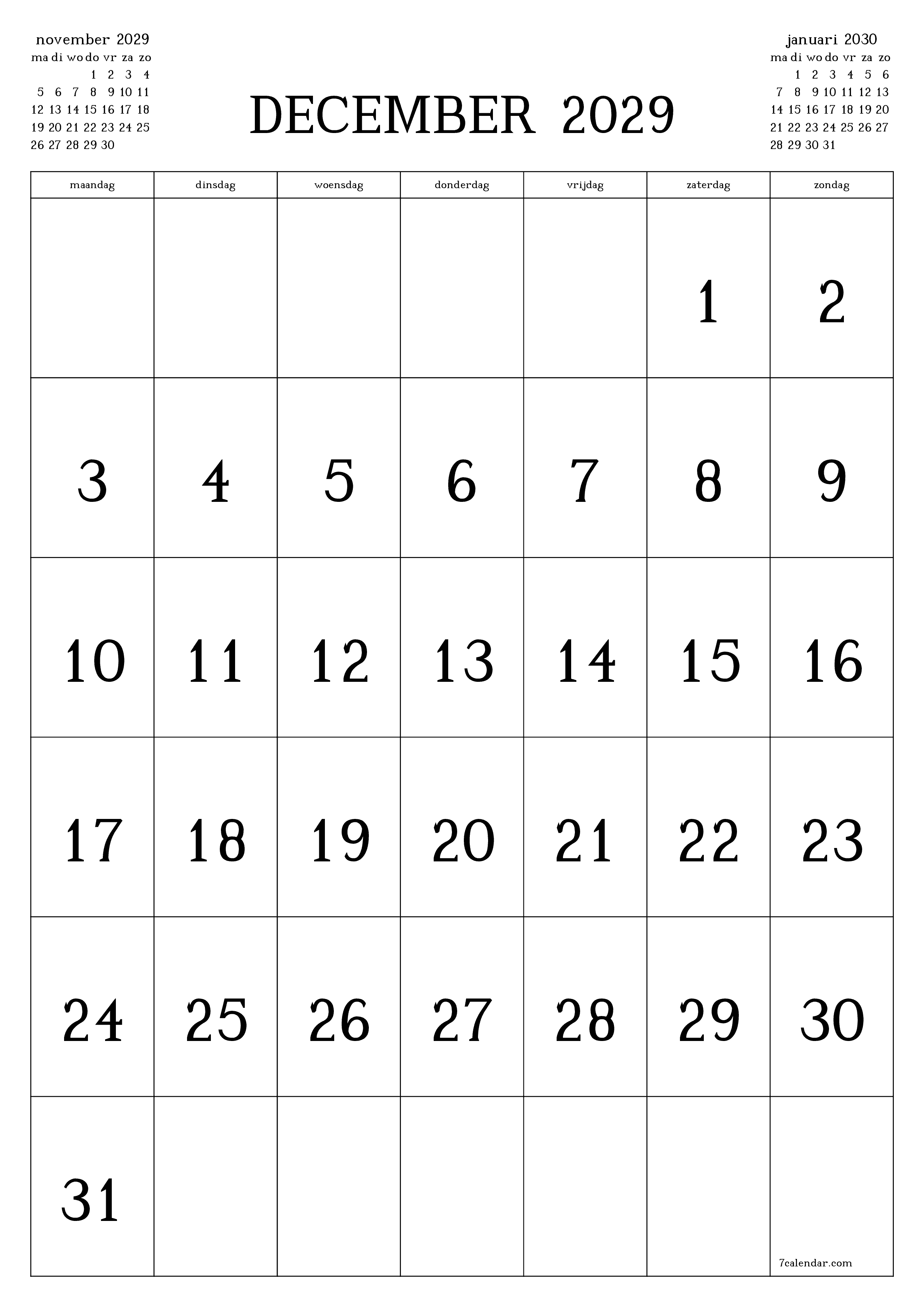 afdrukbare muur sjabloon gratis verticaal Maandelijks kalender december (dec) 2029