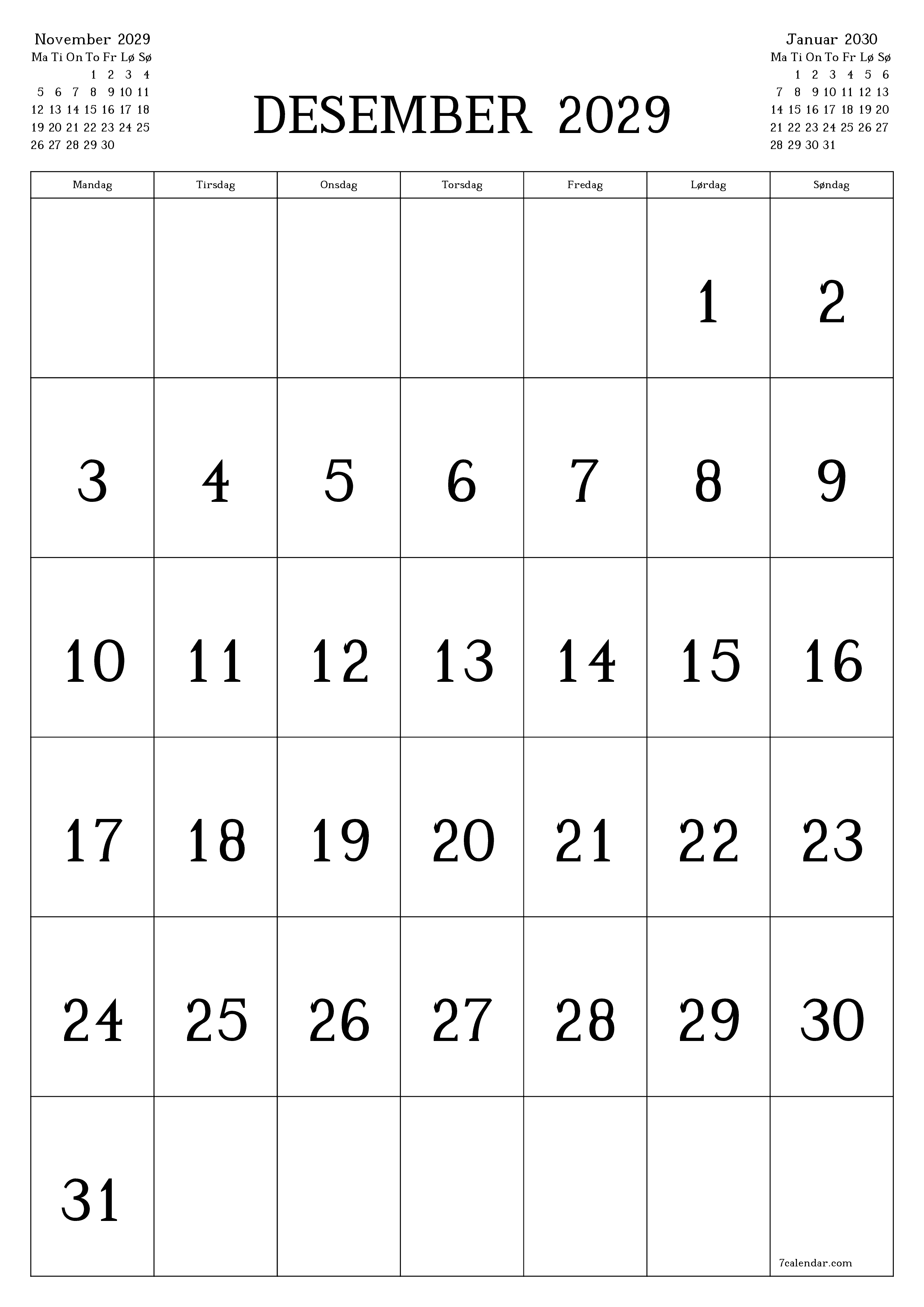 utskrivbar vegg mal gratis vertikal Månedlig kalender Desember (Des) 2029