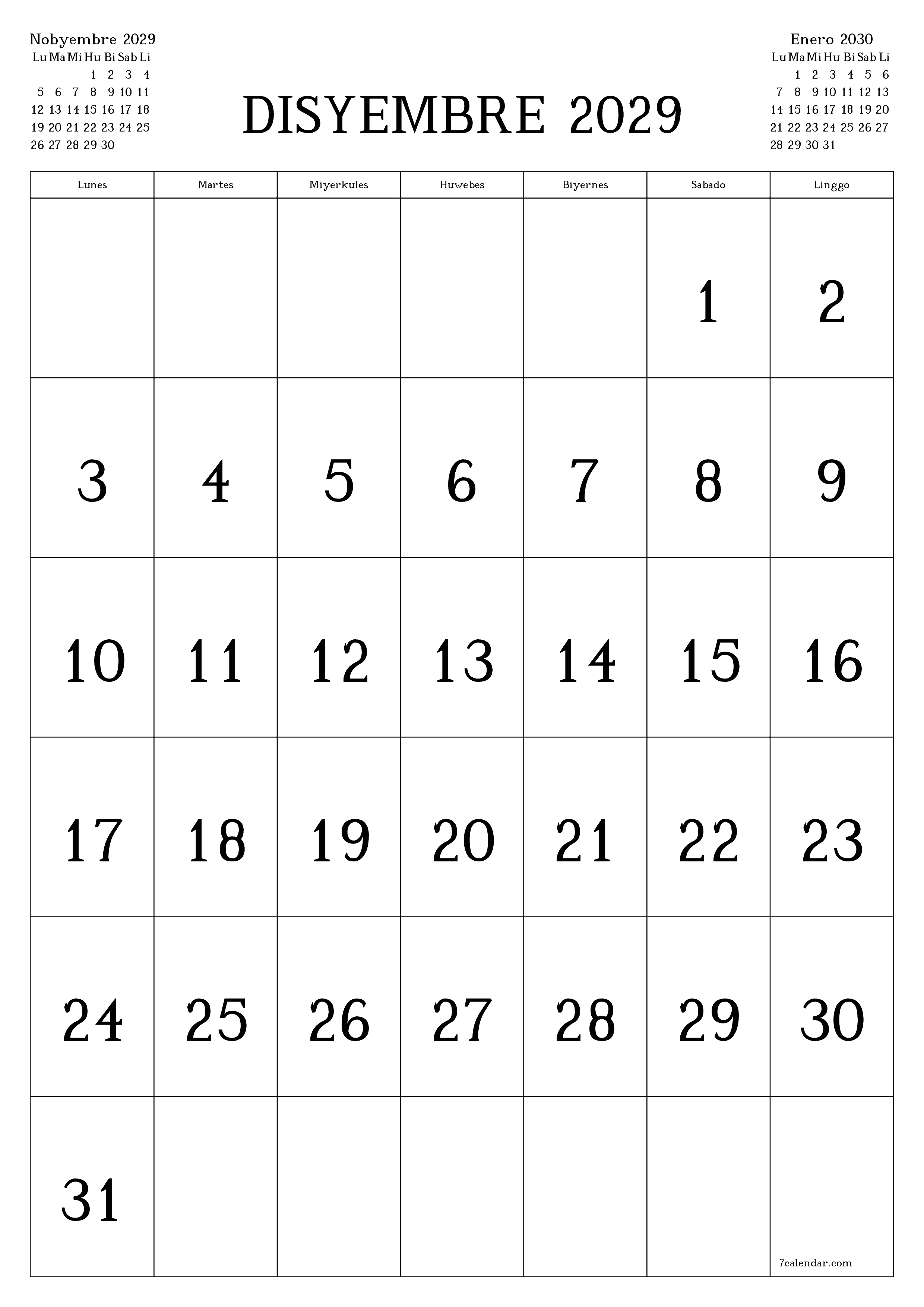 napi-print na sa dingding template ng libreng patayo Buwanang kalendaryo Disyembre (Dis) 2029