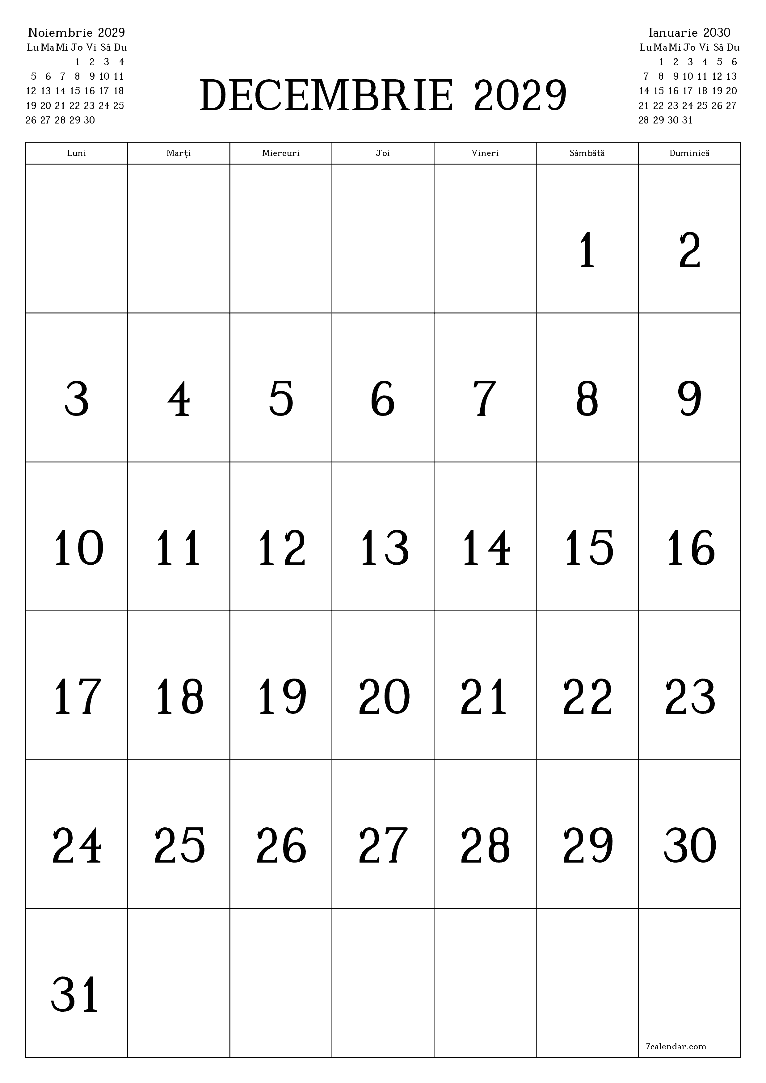  imprimabil de perete șablon de gratuitvertical Lunar calendar Decembrie (Dec) 2029