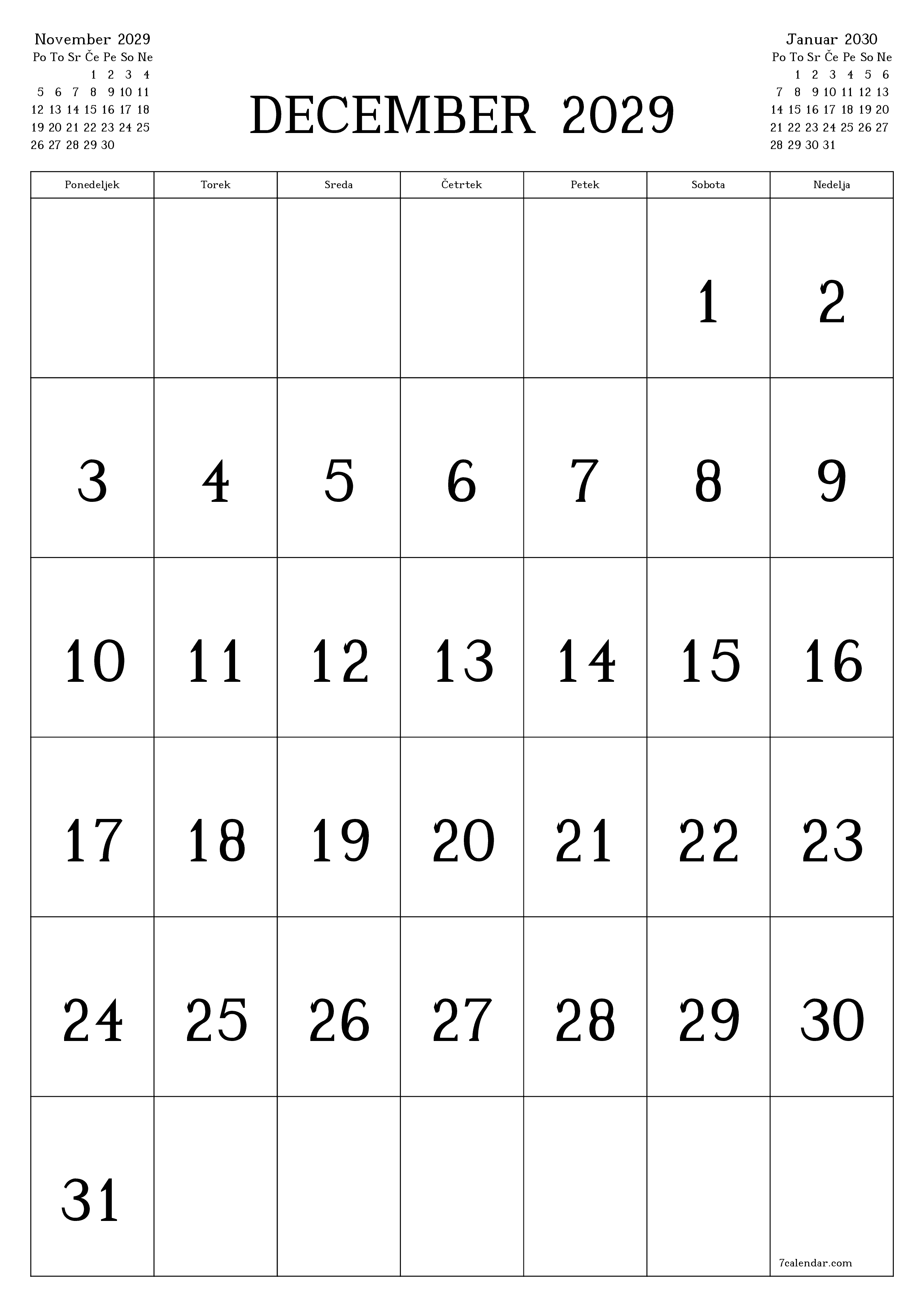 natisljiv stenski ska predloga brezplačni vertical Mesečno koledar December (Dec) 2029