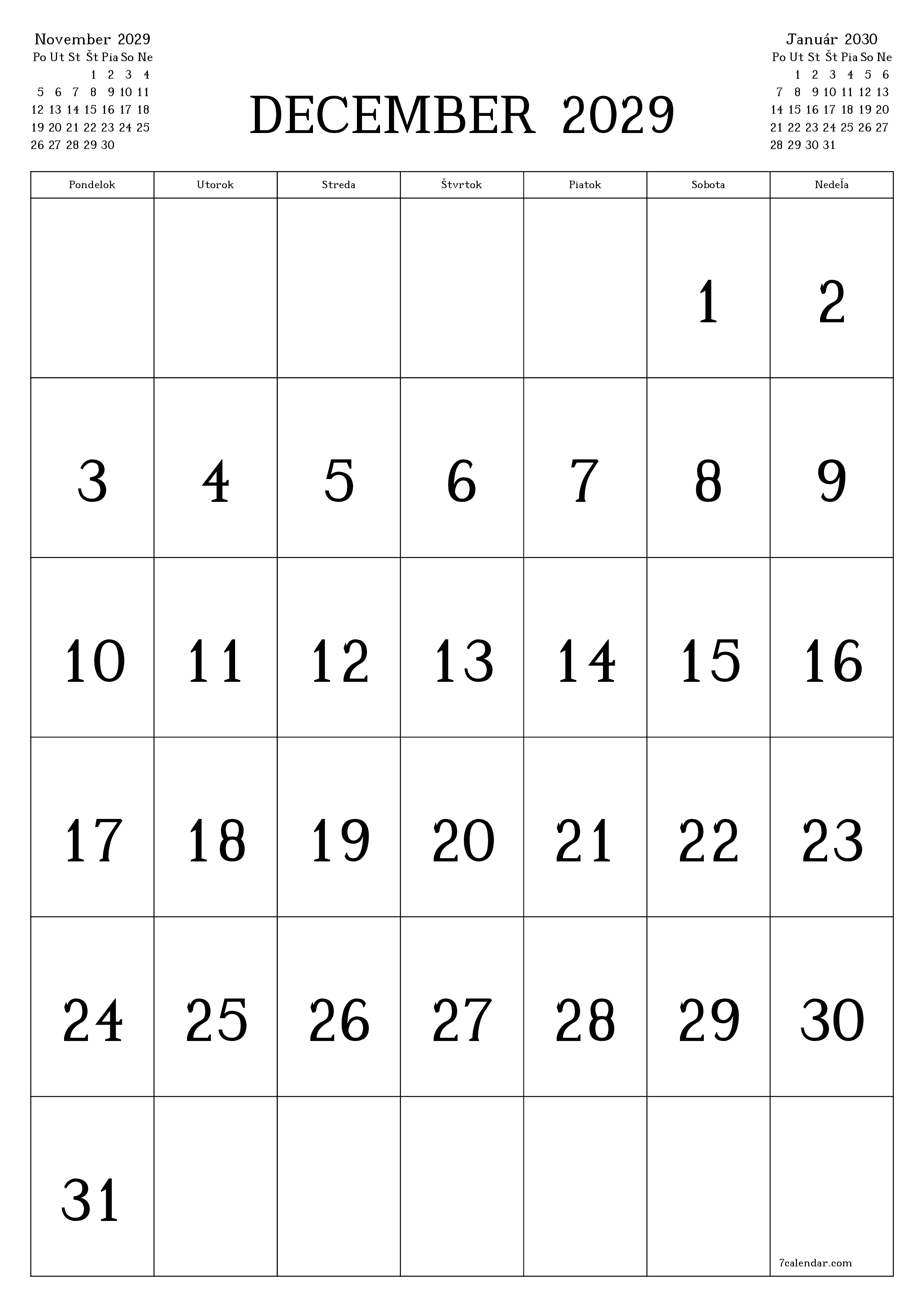 vytlačiteľný nástenný šablóna a bezplatný вертикальный Mesačne kalendár December (Dec) 2029