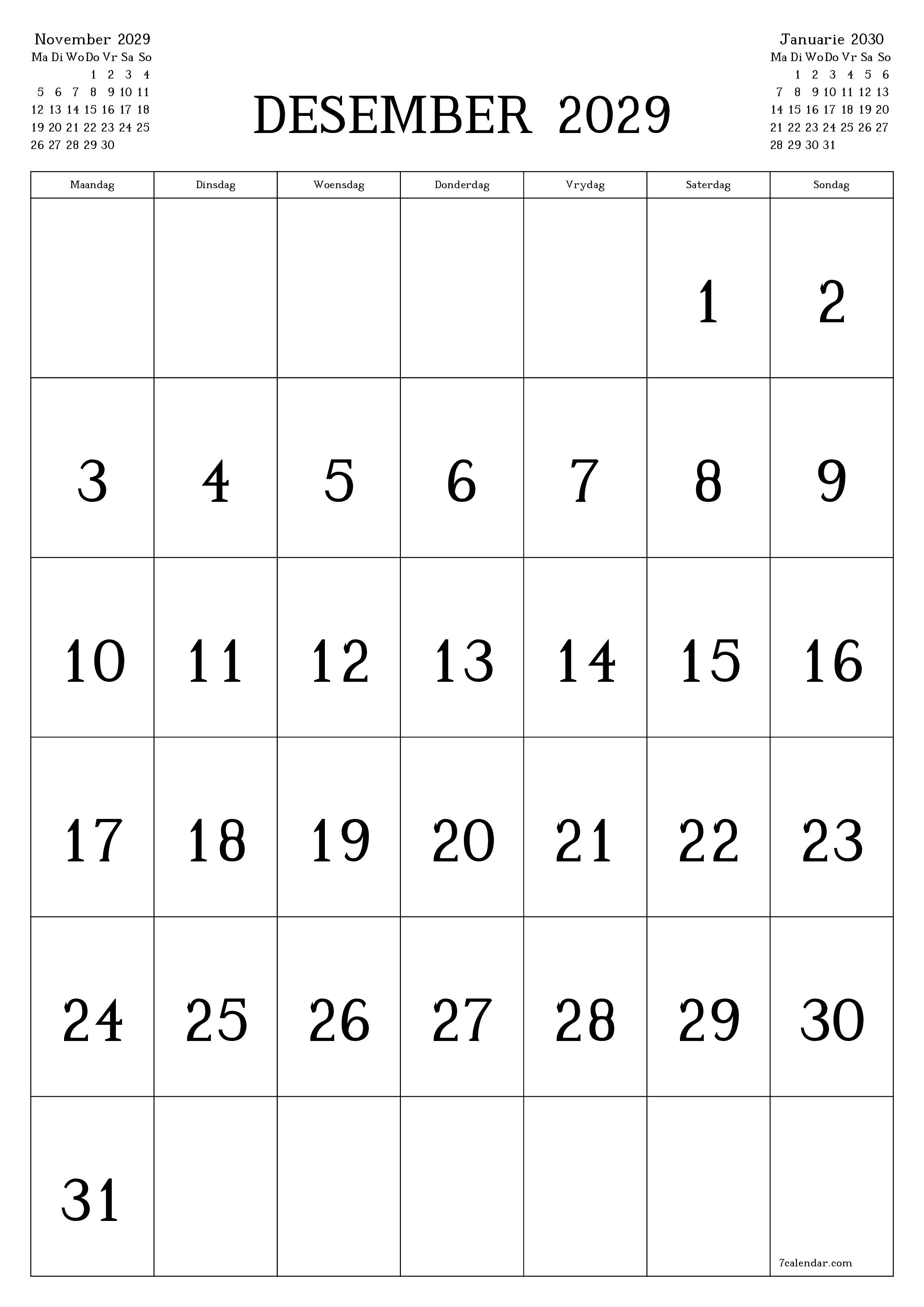 drukbare muur template gratis vertikaal Maandeliks kalender Desember (Des) 2029