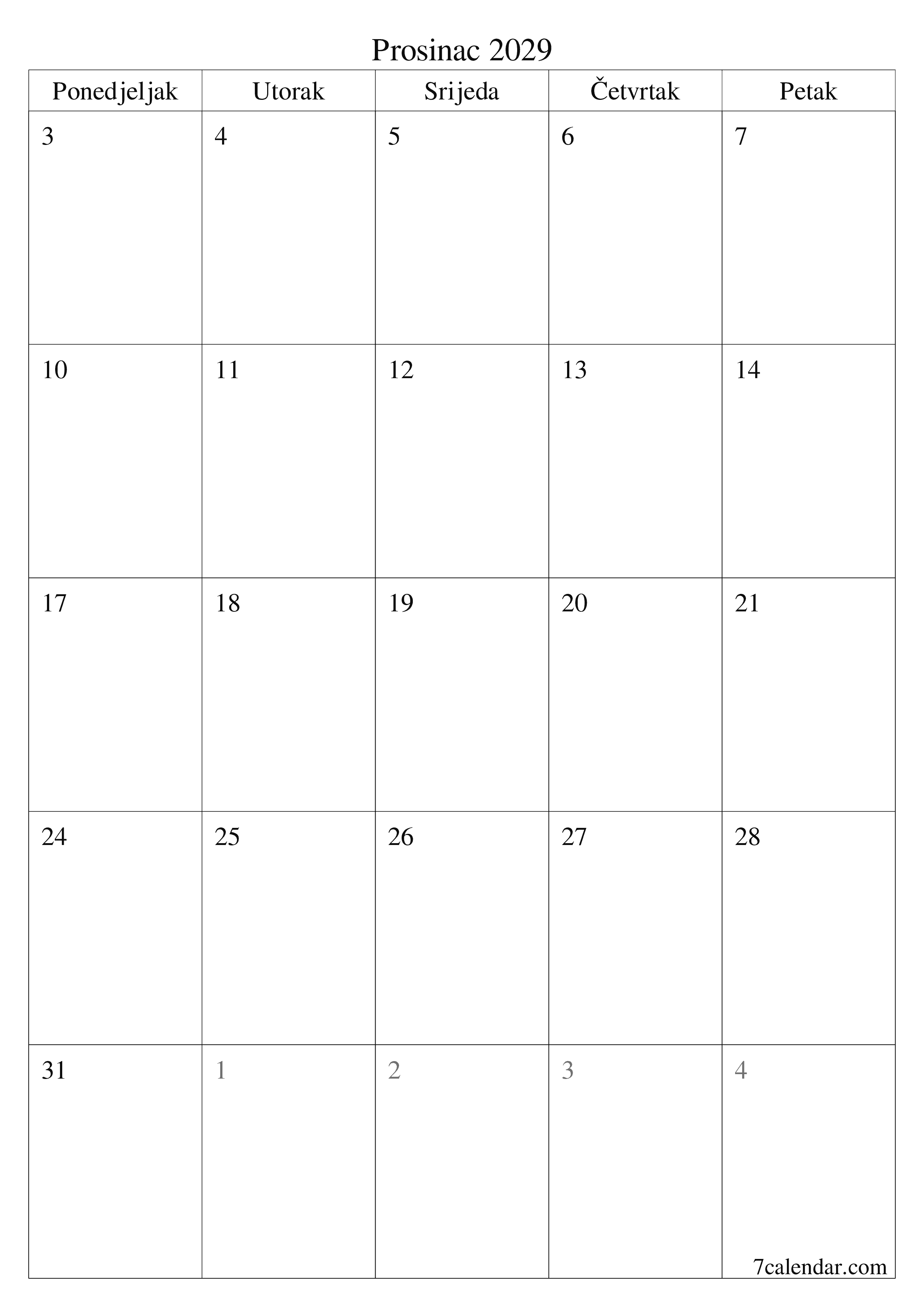  za ispis zidni predložak a besplatni okomito Mjesečni planer kalendar Prosinac (Pro) 2029